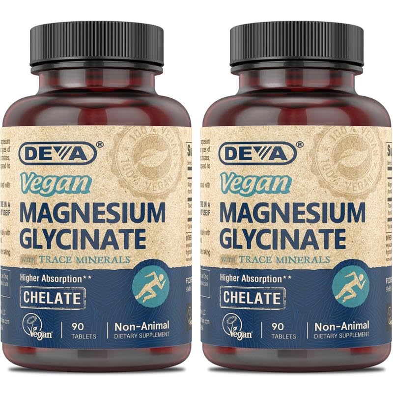 DEVA Vegan Magnesium Glycinate 300mg per serving with Trace Minerals, Higher Absorption, Chelated Magnesium, 90 Tablets (Pack of 2)