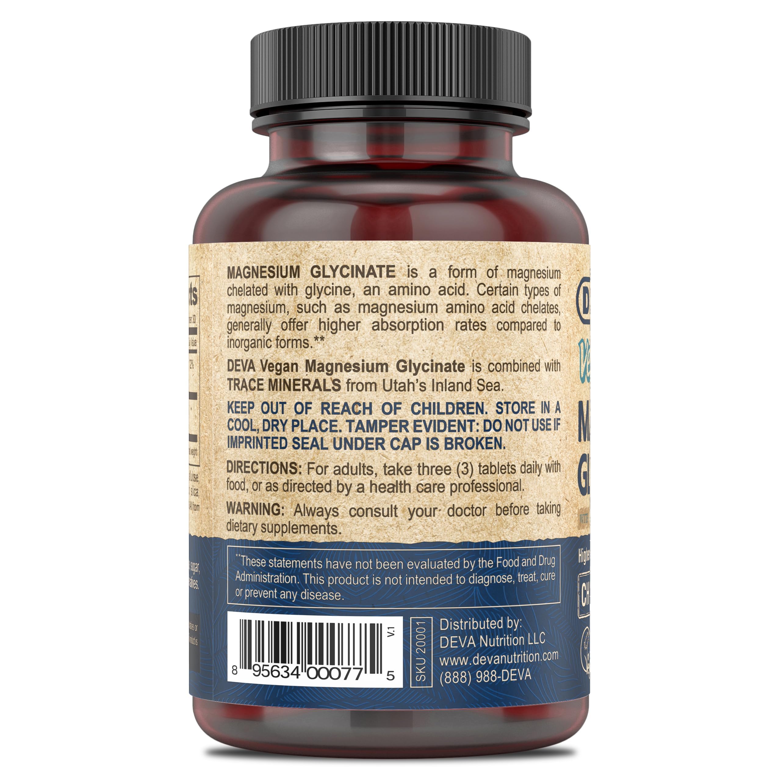 DEVA Vegan Magnesium Glycinate 300mg per serving with Trace Minerals, Higher Absorption, Chelated Magnesium, 90 Tablets (Pack of 2)