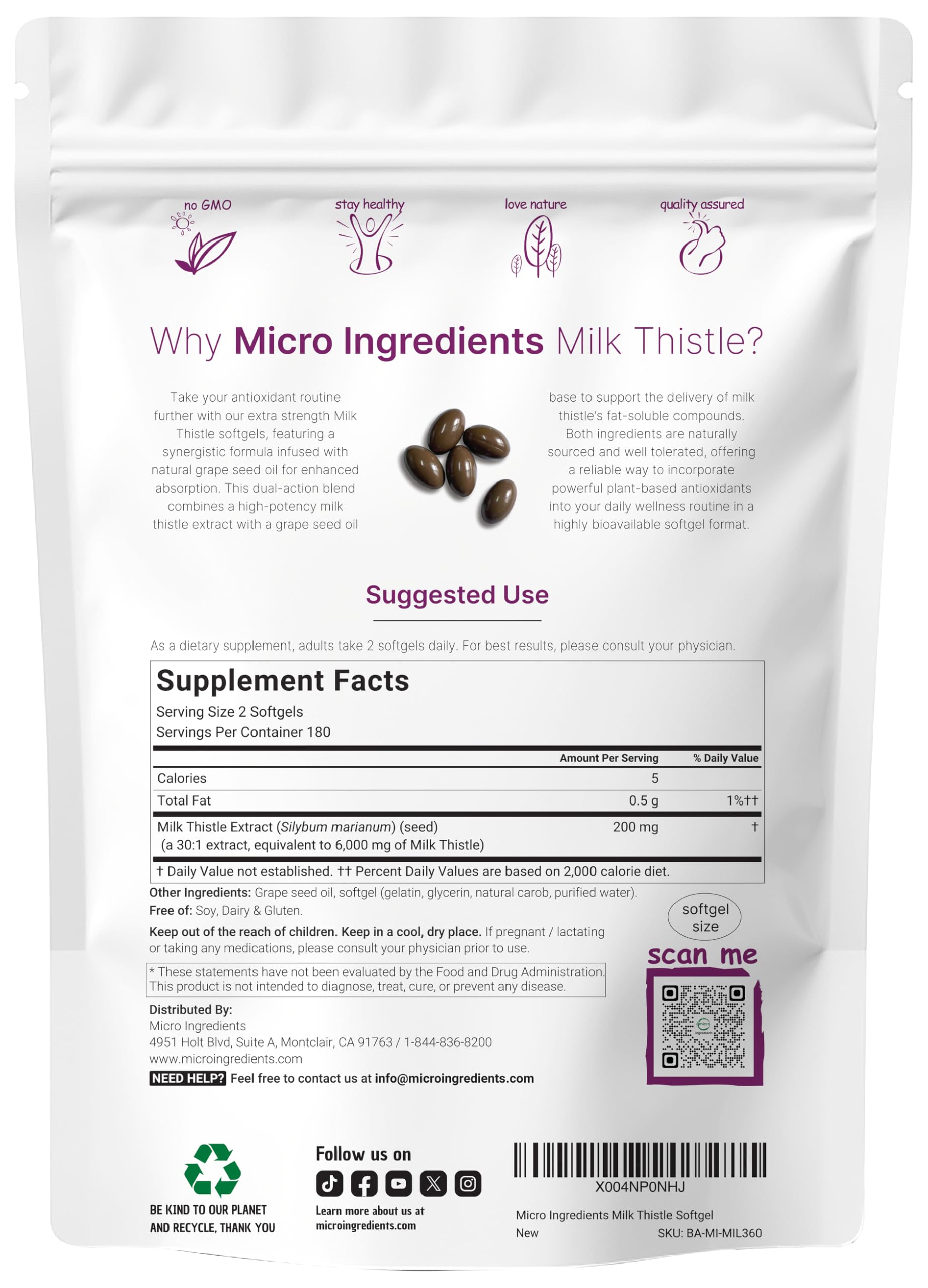 Micro Ingredients Milk Thistle Supplement 6,000mg | 360 Softgels with Grape Seed Oil | Highly Bioavailable Extract | Liver Support & Detox | Contains Active Silymarin + Antioxidants