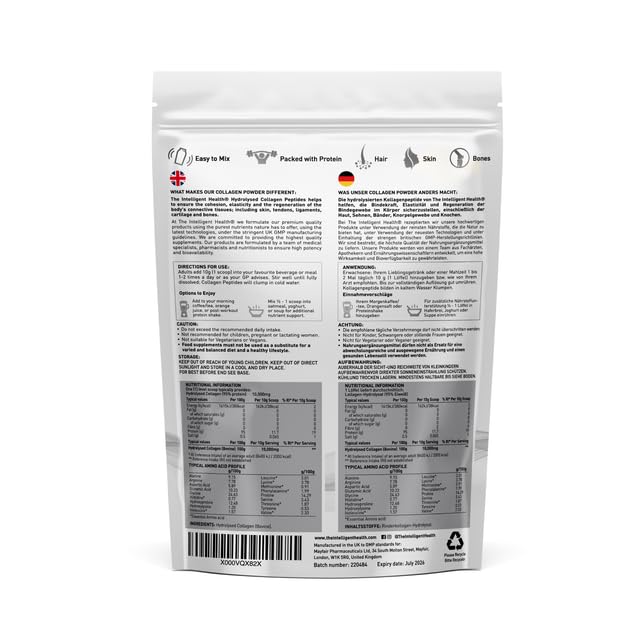The Intelligent Health Hydrolyzed Collagen Peptides Powder, Grass Fed, High Protein, Unflavored, Gluten-Free, Paleo & Keto Friendly, 10g per Serving (1kg) Supports Skin, Hair, Nails, Joints, & Bones