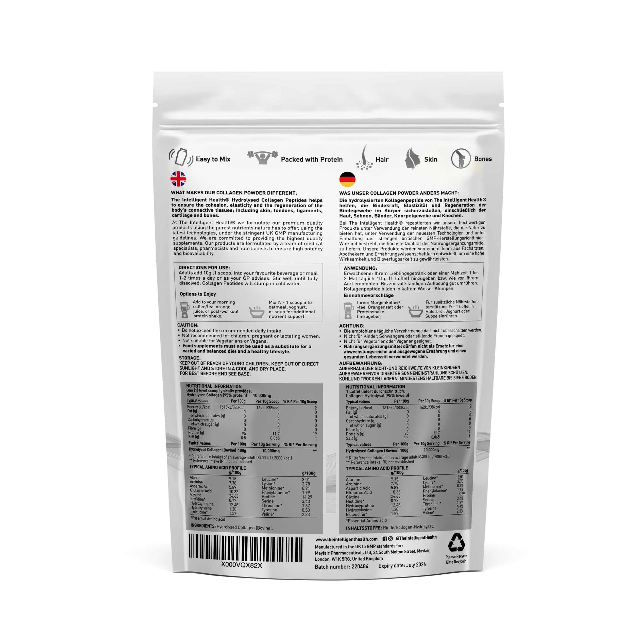 The Intelligent Health Hydrolyzed Collagen Peptides Powder, Grass Fed, High Protein, Unflavored, Gluten-Free, Paleo & Keto Friendly, 10g per Serving (1kg) Supports Skin, Hair, Nails, Joints, & Bones