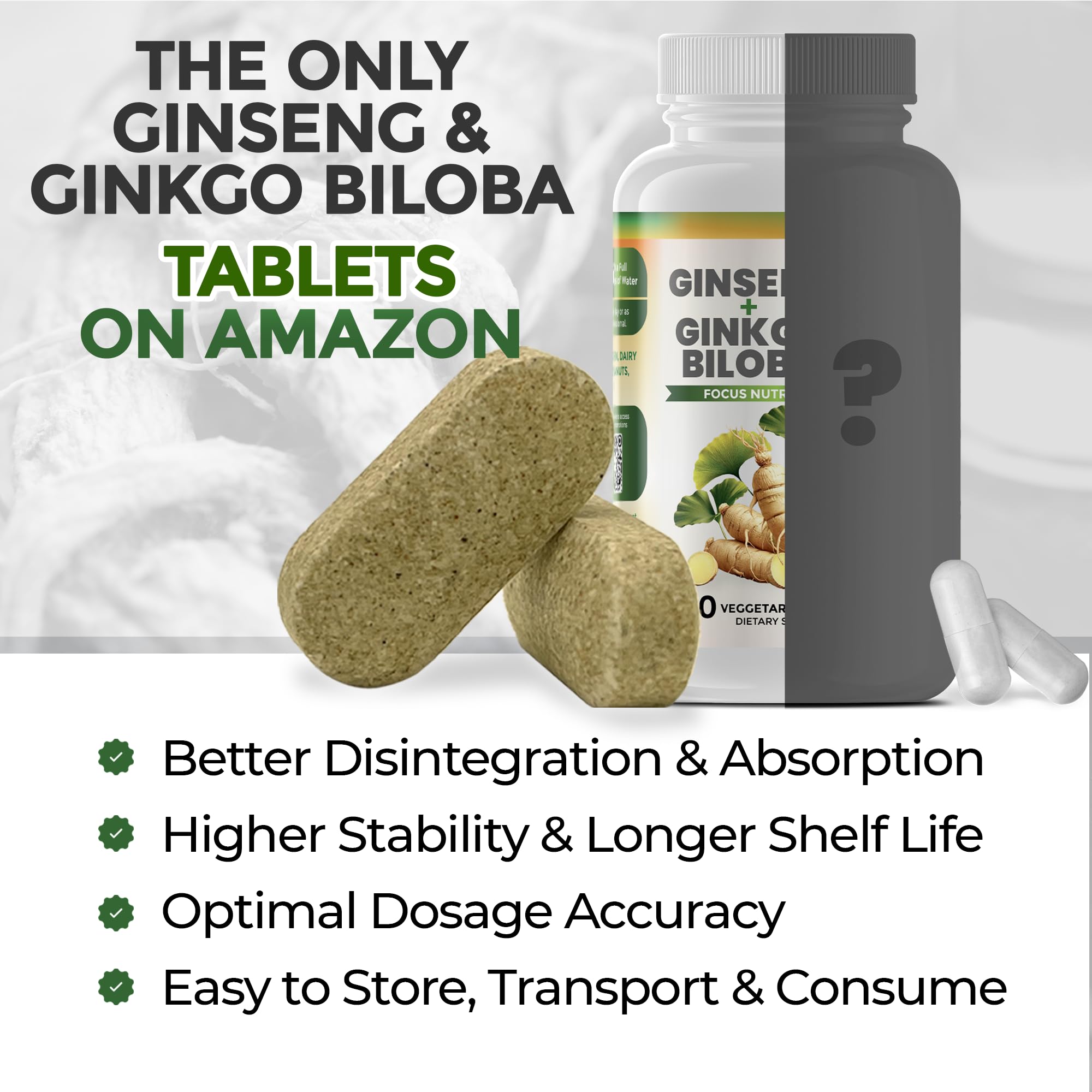 GreeNatr Ginko Biloba & Panax Ginseng Supplement - Red Ginseng Brain Supplement for Memory and Focus - Ginkgo Biloba Supplements for Good Vision, Immune System and Improved Blood Flow - 120 Tablets