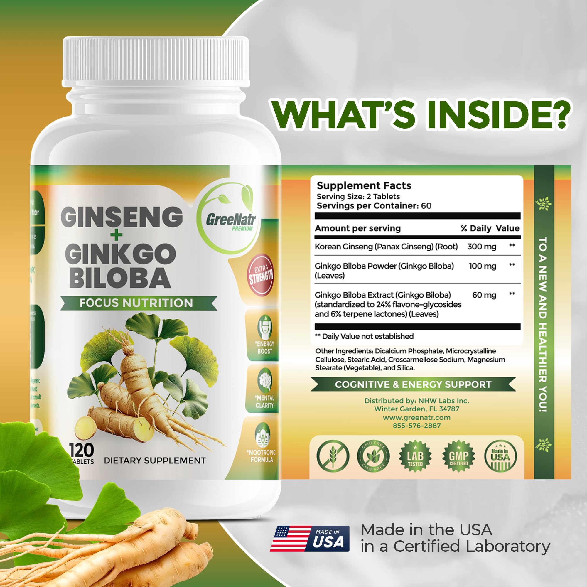 GreeNatr Ginko Biloba & Panax Ginseng Supplement - Red Ginseng Brain Supplement for Memory and Focus - Ginkgo Biloba Supplements for Good Vision, Immune System and Improved Blood Flow - 120 Tablets