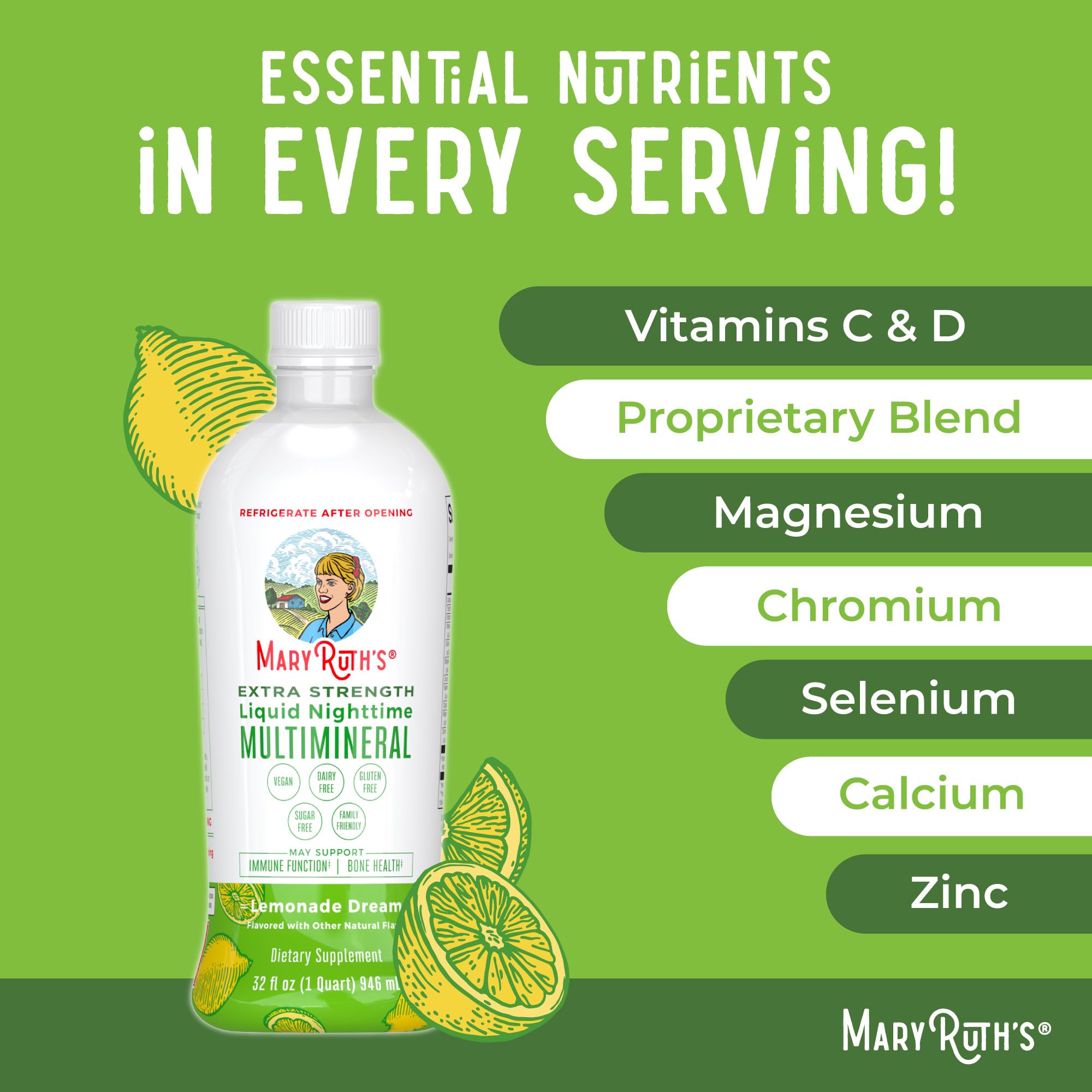 MaryRuth Organics Extra Strength Nighttime Liquid Multimineral | Sugar Free | Calm Magnesium Citrate | NO Melatonin | Calcium Magnesium Zinc | Muscle Relaxation | Lemonade Flavor | Vegan | 32 Serving