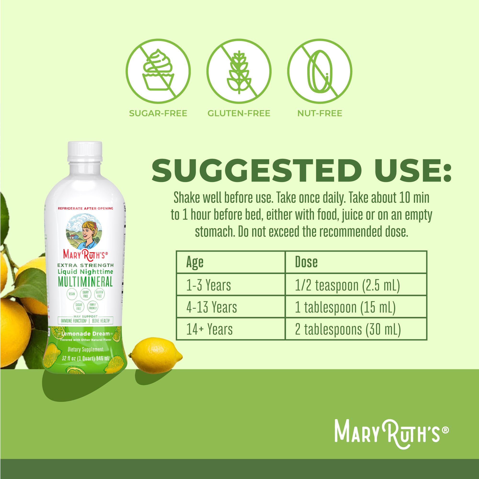 MaryRuth Organics Extra Strength Nighttime Liquid Multimineral | Sugar Free | Calm Magnesium Citrate | NO Melatonin | Calcium Magnesium Zinc | Muscle Relaxation | Lemonade Flavor | Vegan | 32 Serving