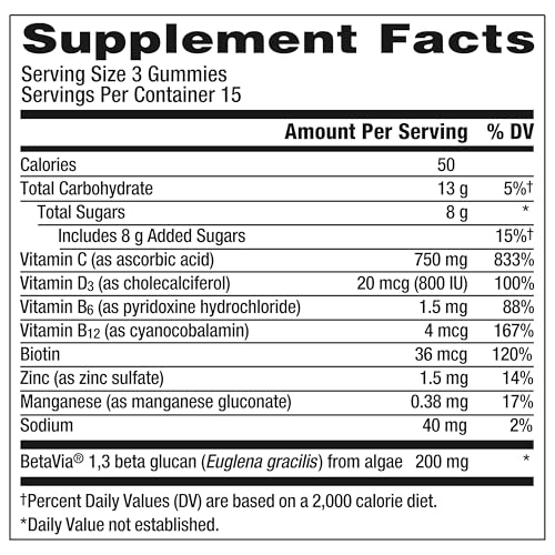 Emergen-C Immune+ Triple Action Immune Support Gummies, BetaVia (R), 1000mg Vitamin C, B Vitamins, Vitamin D and Antioxidants, Raspberry – 45 Count