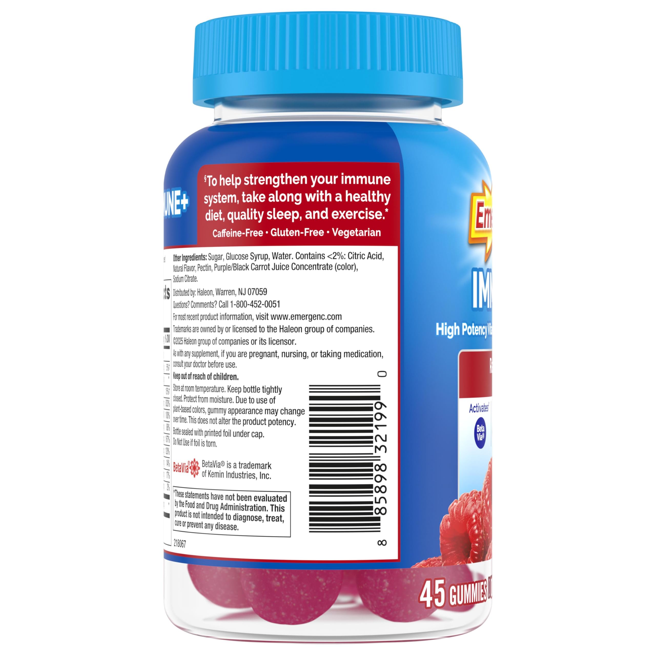 Emergen-C Immune+ Triple Action Immune Support Gummies, BetaVia (R), 1000mg Vitamin C, B Vitamins, Vitamin D and Antioxidants, Raspberry – 45 Count