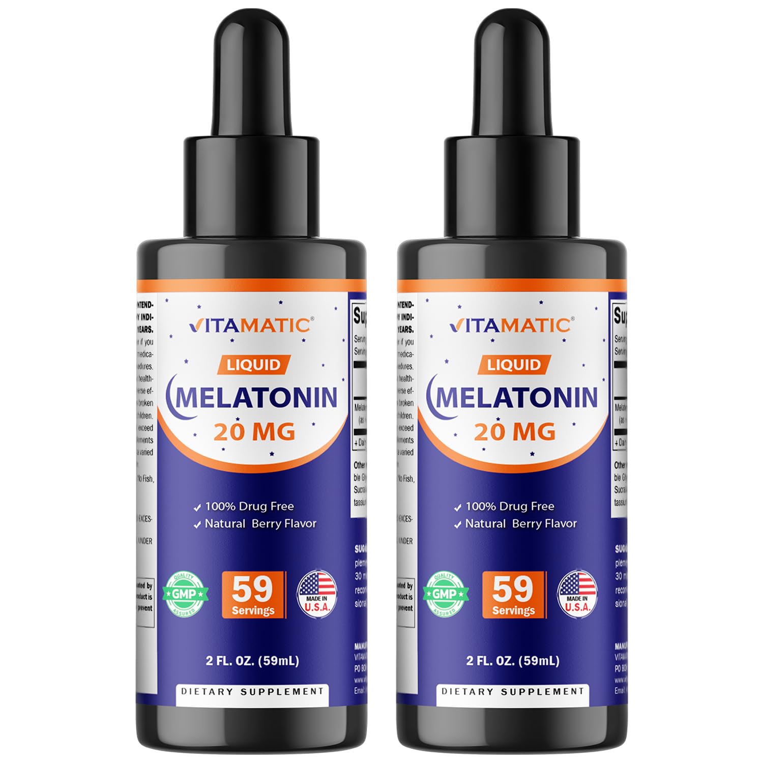 Vitamatic 2-Pack Melatonin 20mg Liquid Drops - 2 fl oz (59 ml) Each - Natural Berry Flavor - Non-GMO, Vegetarian Supplement for Adults