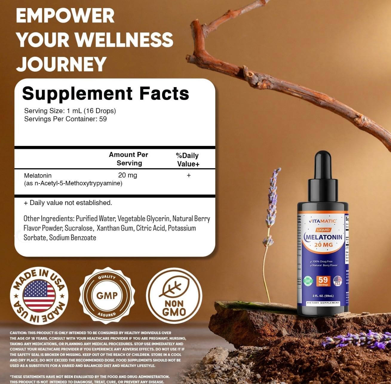 Vitamatic 2-Pack Melatonin 20mg Liquid Drops - 2 fl oz (59 ml) Each - Natural Berry Flavor - Non-GMO, Vegetarian Supplement for Adults