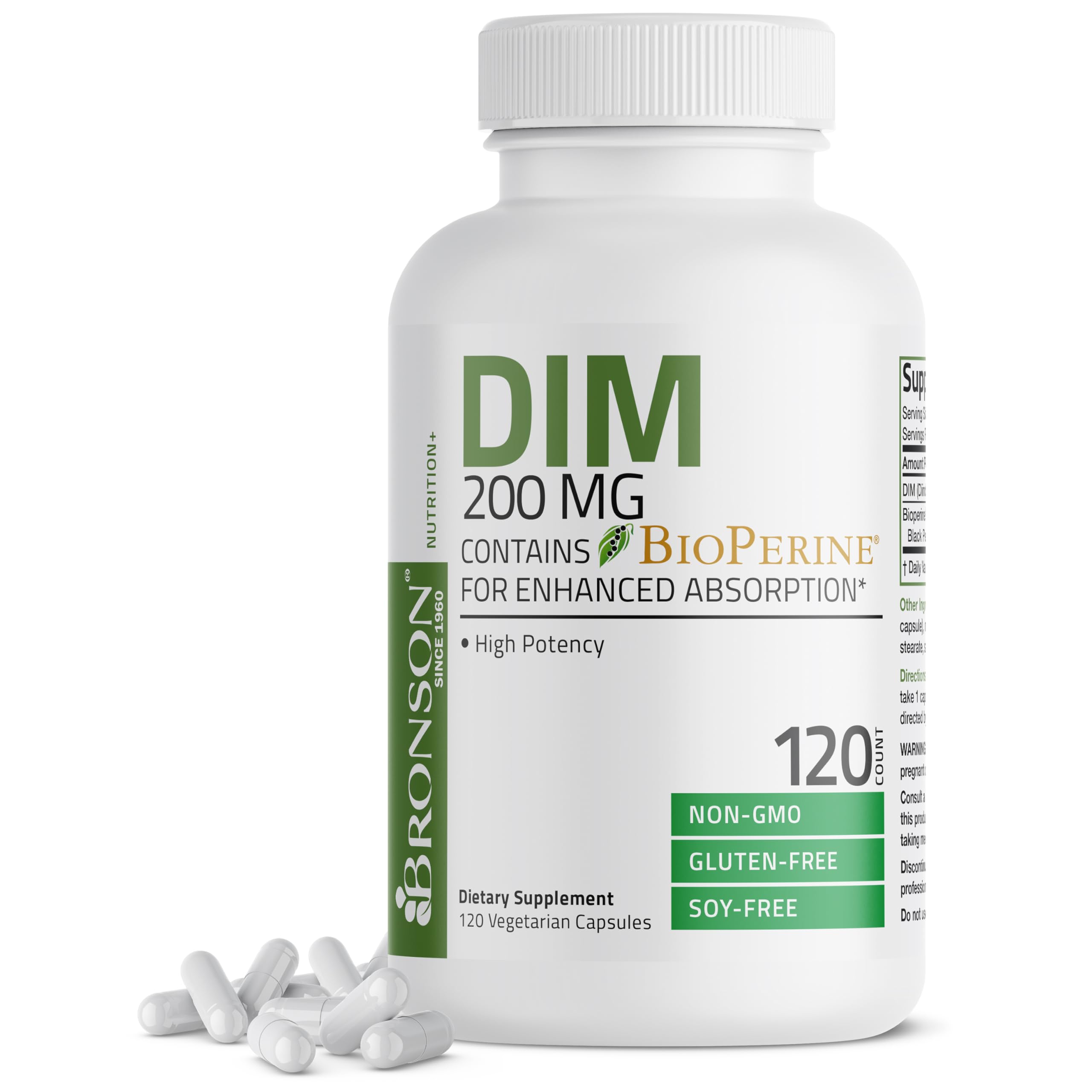 Bronson DIM Supplement 200 MG Diindolymethane with BioPerine for Enhanced Absorption, Estrogen Metabolism & Maintains Balanced Hormone Levels, 120 Vegetarian Capsules