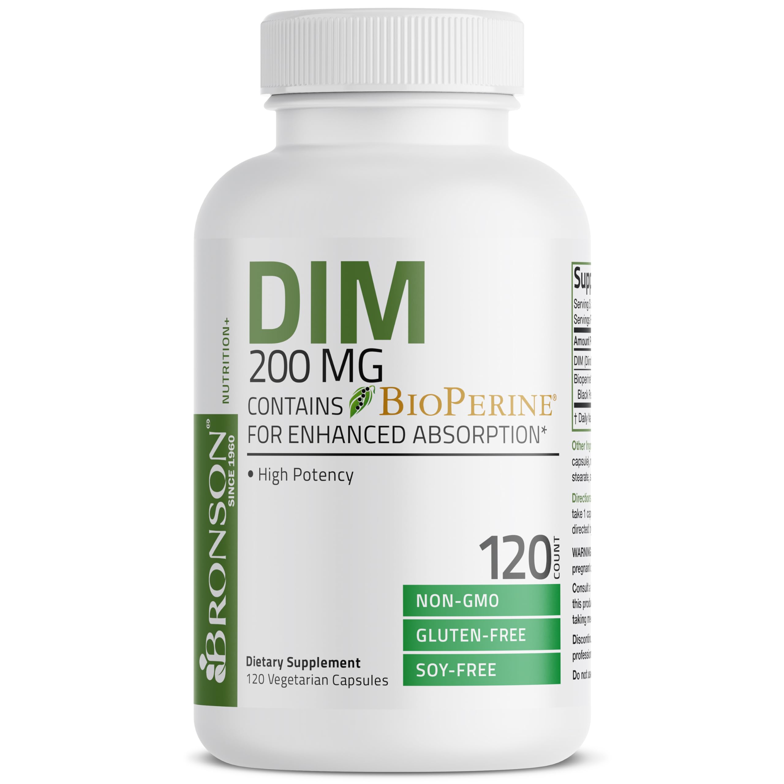 Bronson DIM Supplement 200 MG Diindolymethane with BioPerine for Enhanced Absorption, Estrogen Metabolism & Maintains Balanced Hormone Levels, 120 Vegetarian Capsules