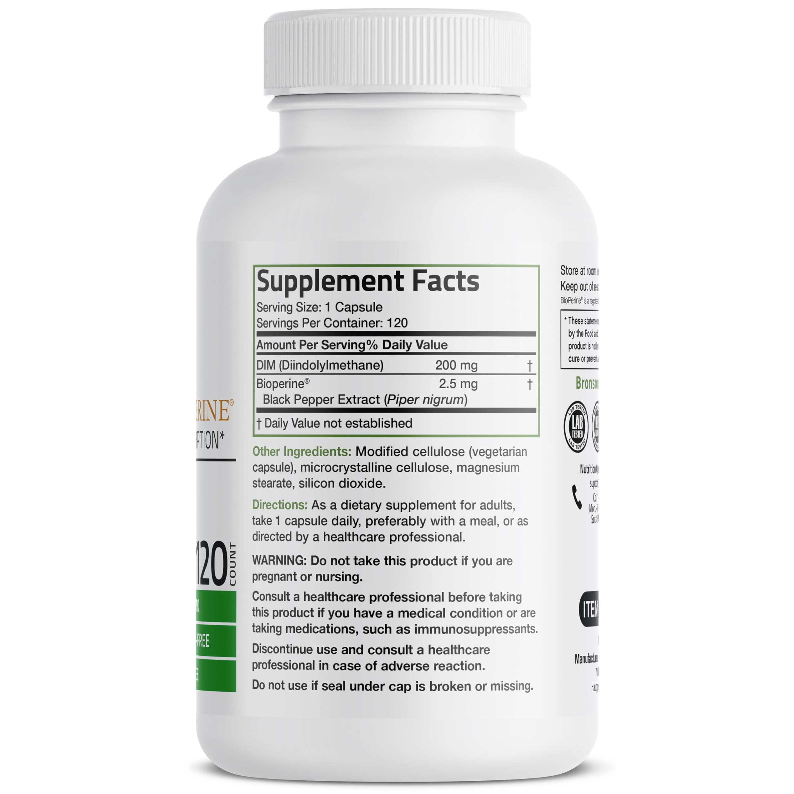 Bronson DIM Supplement 200 MG Diindolymethane with BioPerine for Enhanced Absorption, Estrogen Metabolism & Maintains Balanced Hormone Levels, 120 Vegetarian Capsules