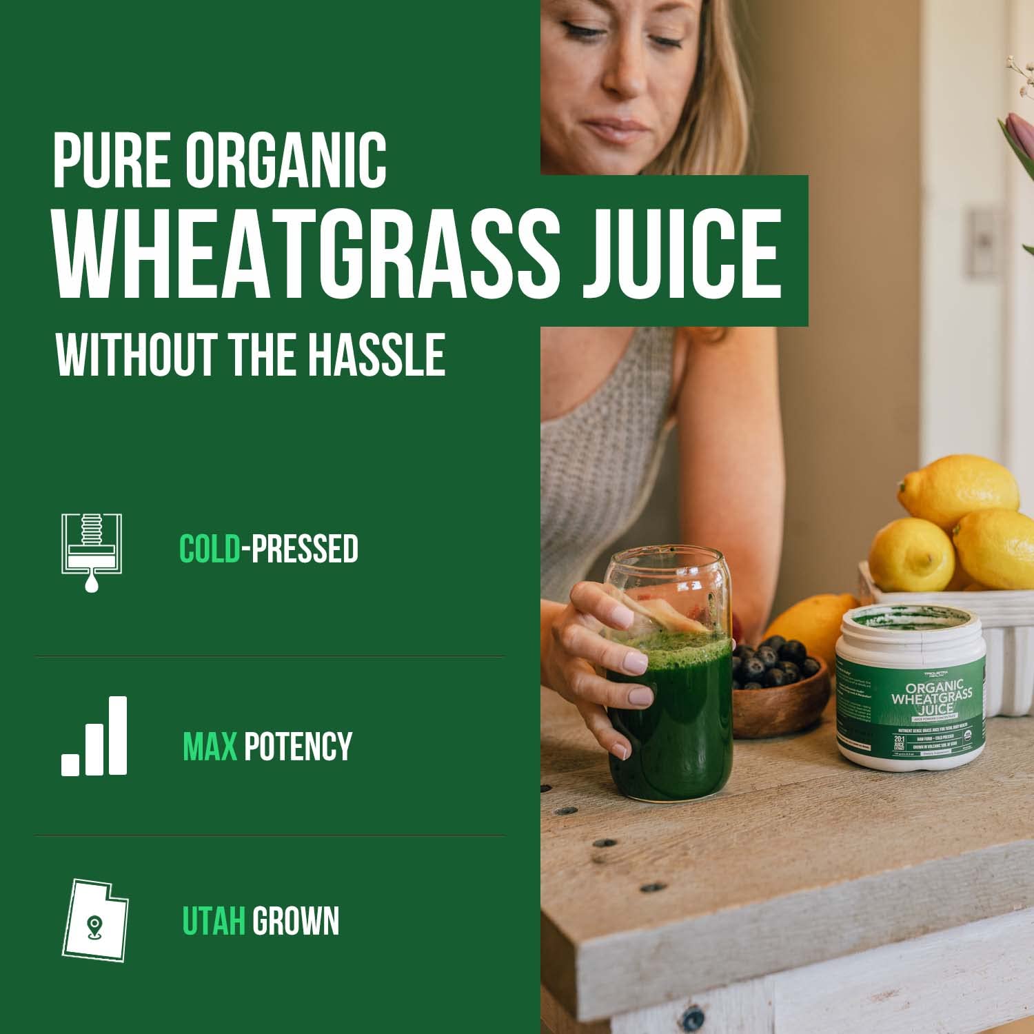 Organic Wheatgrass Juice Powder - Organic, Grown in Volcanic Soil of Utah - Raw BioActive Form, Cold-Pressed Then CO2 Dried, 20:1 Concentrate Juice Extract - Unflavored (5.3 oz – 60 Servings)