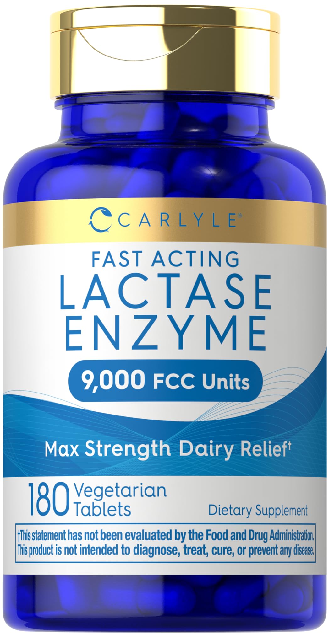 Carlyle Lactase Enzyme Tablets 9000 FCC | 180 Pills | Max Strength Dairy Relief | Fast Acting Formula | Vegetarian, Non-GMO, Gluten Free