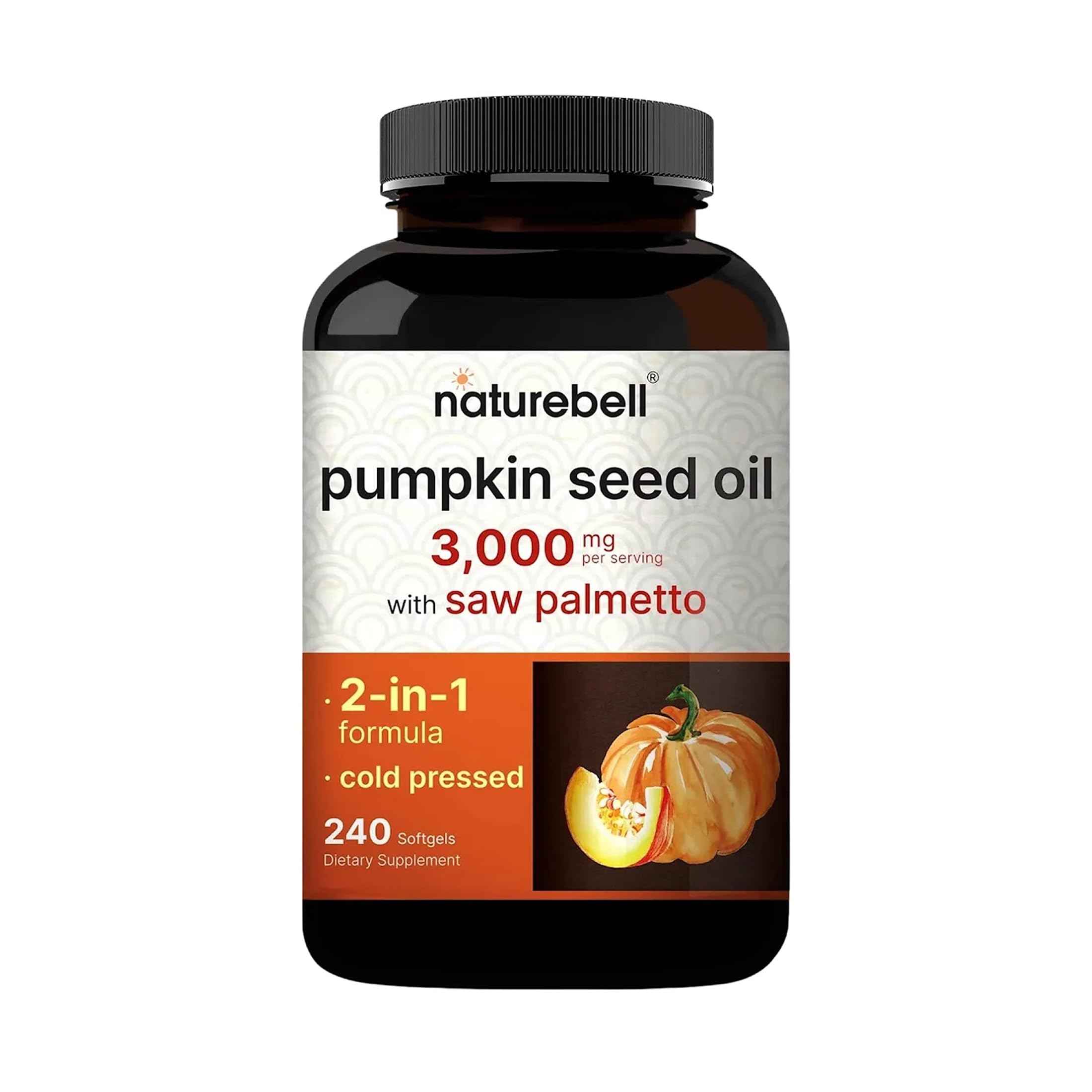 NatureBell Pumpkin Seed Oil 3,000mg with Saw Palmetto - 240 Softgels - Rich in Omega-6 & Omega-9 - Supplement for Heart, Brain, Hair & Bladder Health*