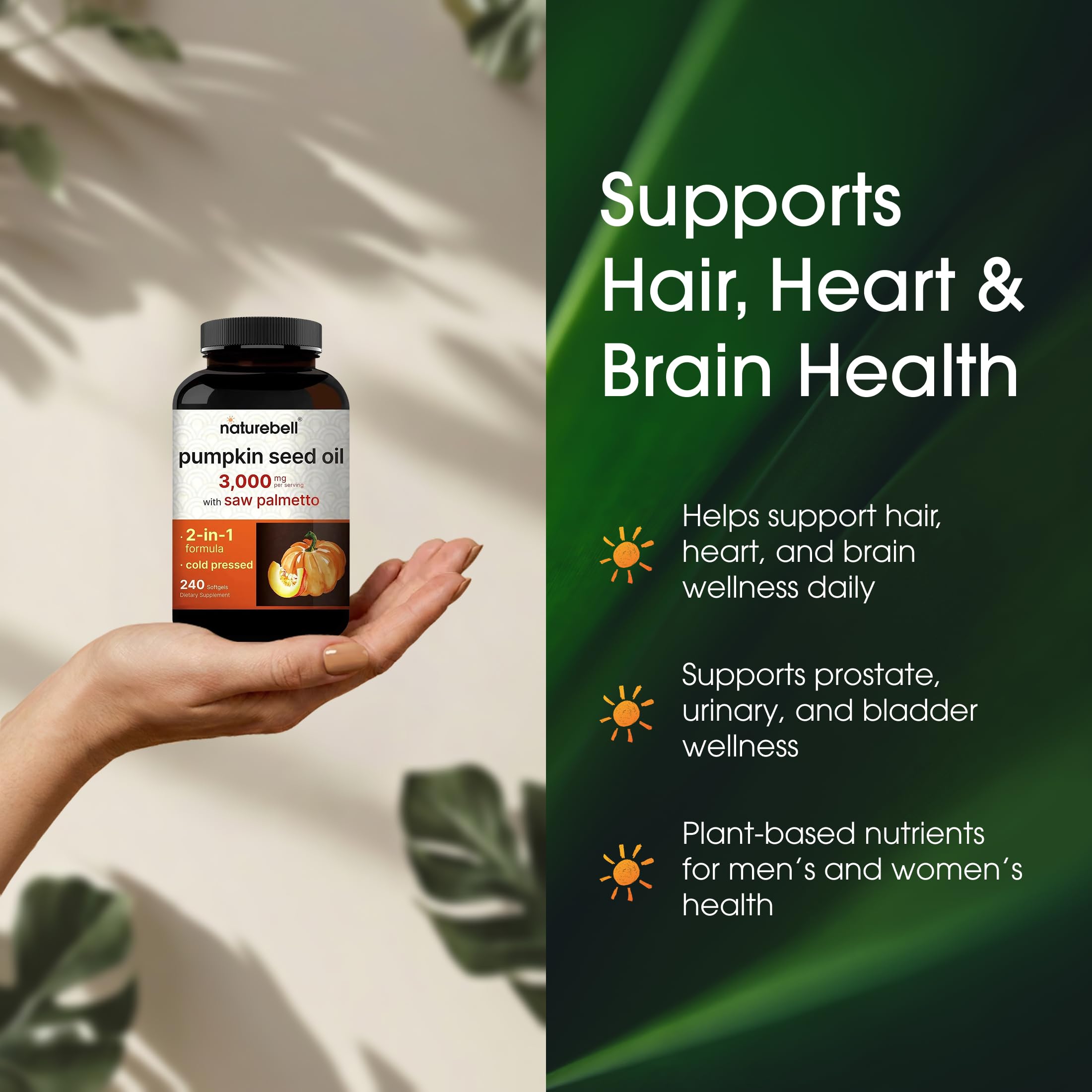 NatureBell Pumpkin Seed Oil 3,000mg with Saw Palmetto - 240 Softgels - Rich in Omega-6 & Omega-9 - Supplement for Heart, Brain, Hair & Bladder Health*