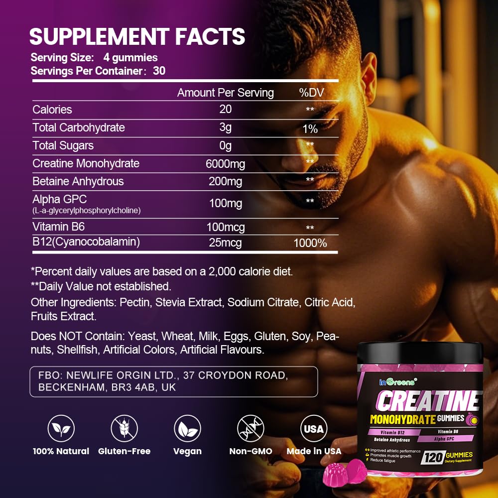 Creatine Monohydrate Gummies 6g for Men & Women, Potent Creatine Supplement, Chewables Creatine for Energy Boost, Increase Strength and Build Muscle, Gluten-Free, Sugar Free,120 Count