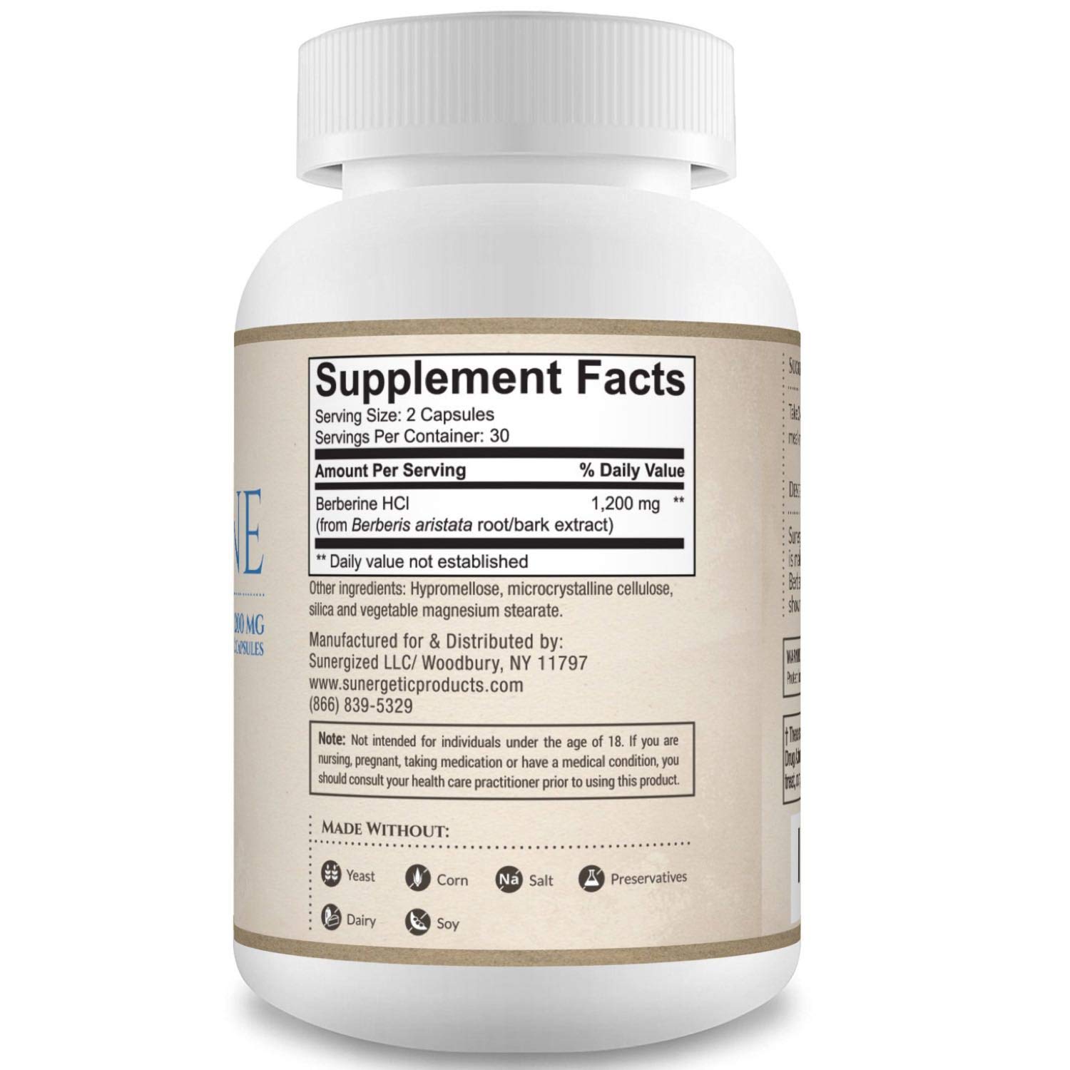 Sunergetic Premium Berberine Supplement - 1200mg Per Serving - Berberine HCL Supplement Non-GMO - Immune Support- 60 Capsules