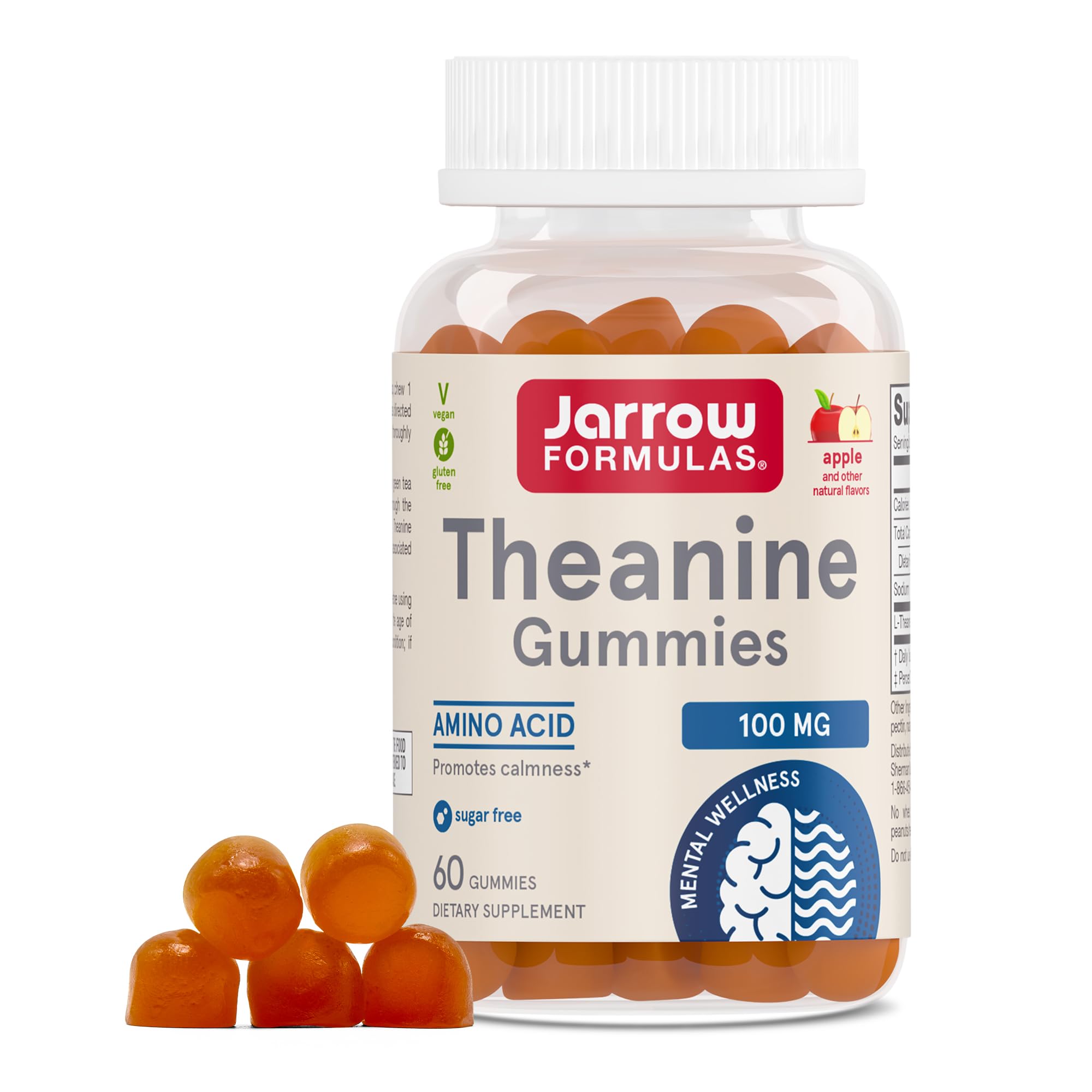 Jarrow Formulas® Theanine 100 mg Gummies, Dietary Supplement That Promotes Calmness, 60 Apple-Flavored Gummies, 60 Day Supply