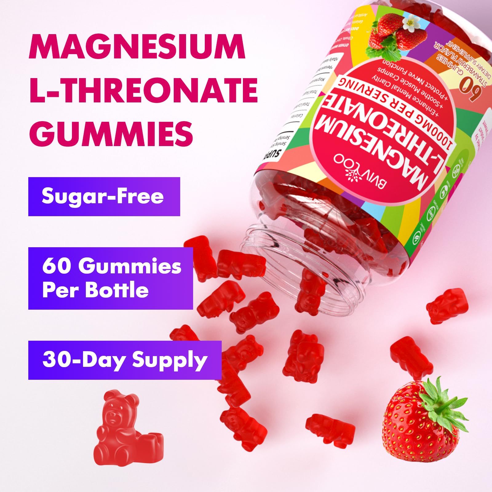 1000mg Magnesium L-Threonate Gummies for Kids & Adults - Muscle & Nervous System Support, Vegan, Sugar-Free Strawberry Flavor, 60 Gummies