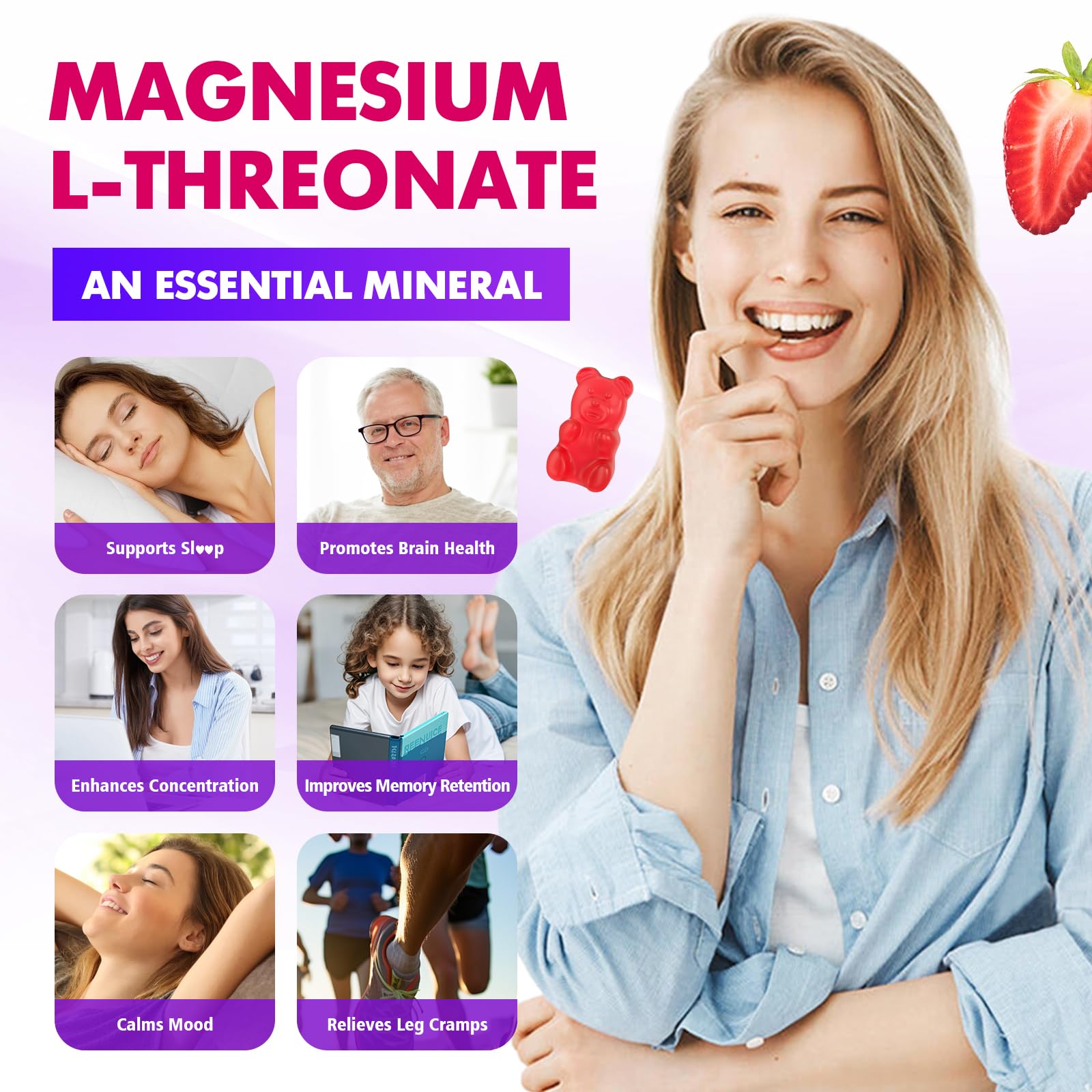 1000mg Magnesium L-Threonate Gummies for Kids & Adults - Muscle & Nervous System Support, Vegan, Sugar-Free Strawberry Flavor, 60 Gummies