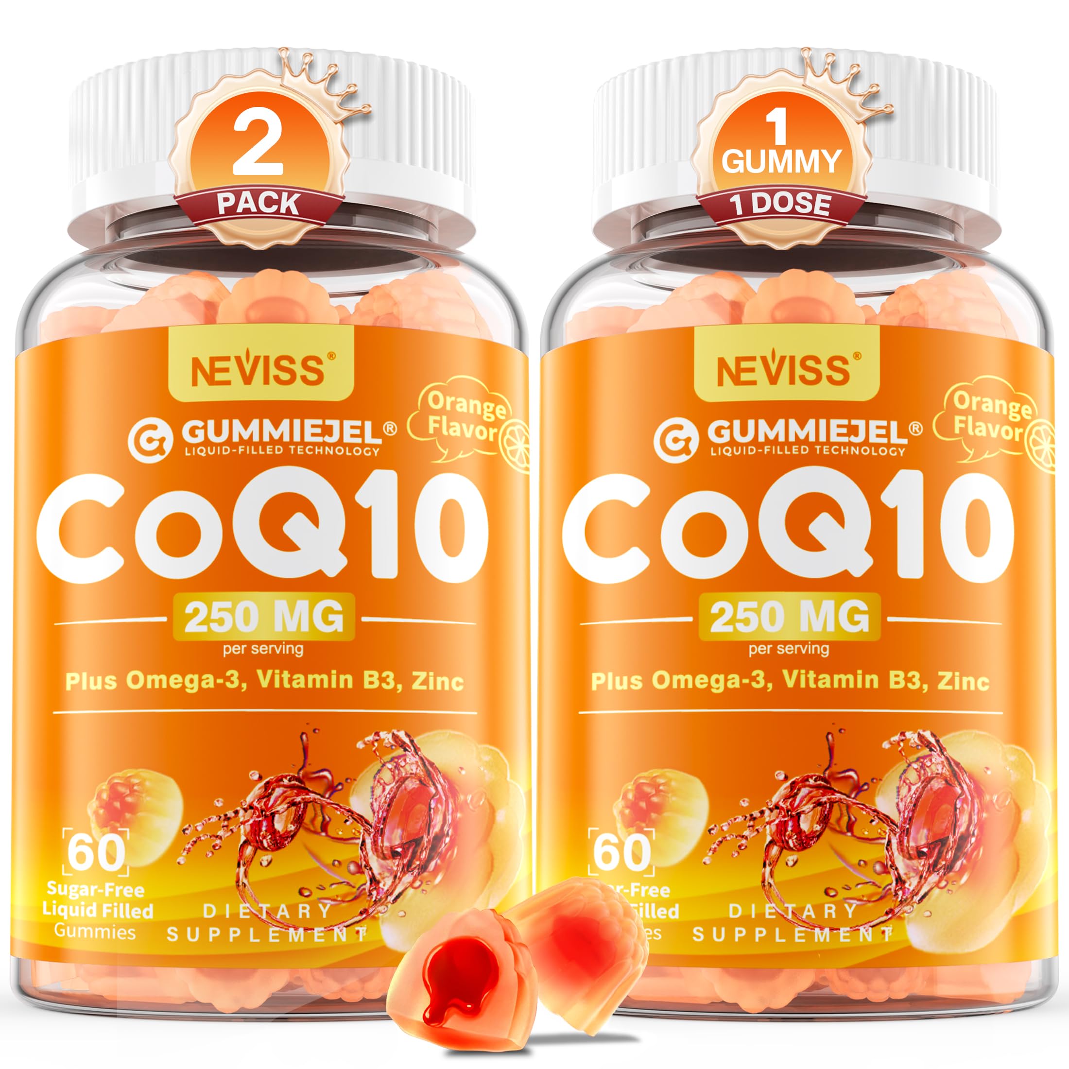 Sugar-Free CoQ10-250mg Filled Gummies - 4 Months Supply - Plus Omega-3, Vitamin B3 & Zinc, High Absorption Coenzyme Q10 Supplements for Hear-t Health, Cellular Energy & Antioxidant Support, 2-Pack
