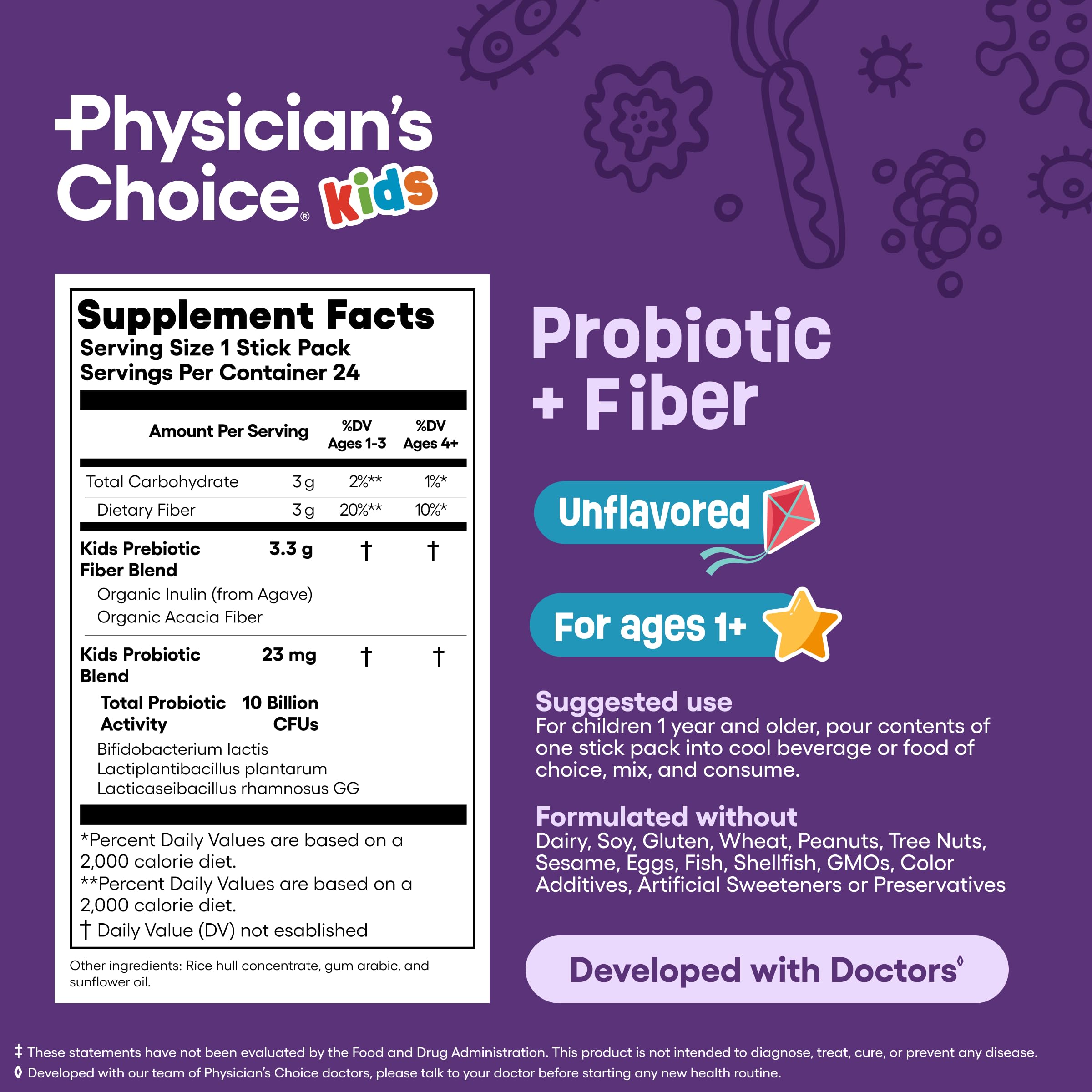 Physician's Choice Kids Probiotic + Prebiotic Fiber Packets (Ages 1+) - Supports Regularity, Occasional Constipation & A Healthy Digestive System - No Allergens or Preservatives - Unflavored - 24 Pack