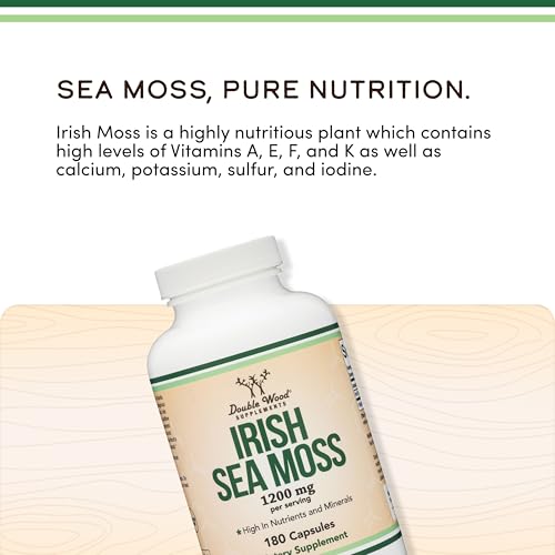 Irish Sea Moss Capsules, More Potent Than Sea Moss Gel Extract (180 Count, 1,200mg per Serving) (from Wildcrafted and Raw Chondrus Crispus) Nutrient Rich Superfood High in Minerals by Double Wood