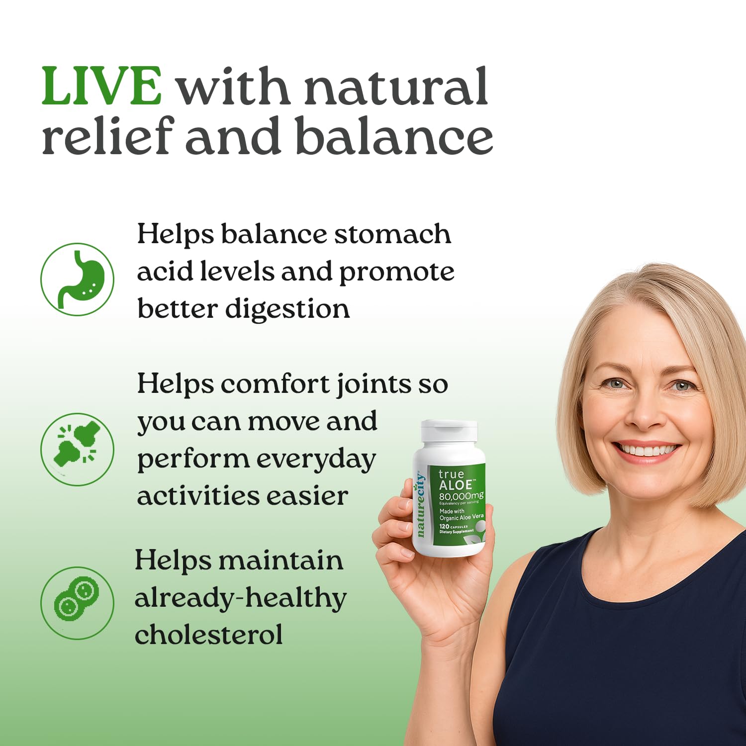 NatureCity True-Aloe Gut Health Support – 80,000mg Aloe Vera Gel Equivalent Per Serving – Organic Aloe Vera (120 Capsules) for Digestive, Skin & Joint Support | Small Easy-to-Swallow Pills