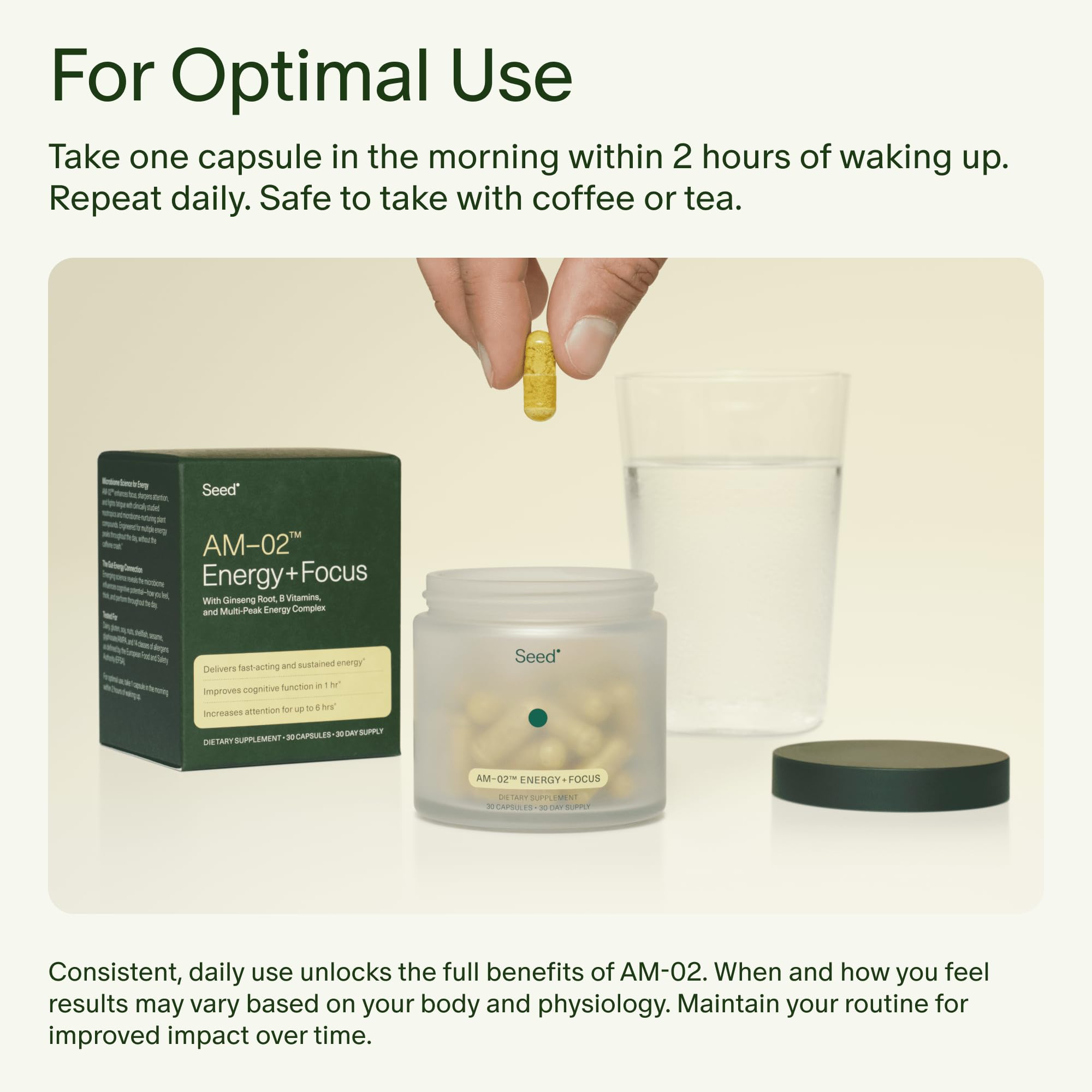 Seed AM-02 Energy + Focus - Daily Nootropic Supplement for Women & Men - Fast-Acting & Sustained Energy for Up to 6 Hours - Caffeine-Free Vegan & Shelf-Stable - 30 Capsules (30-Day Supply)