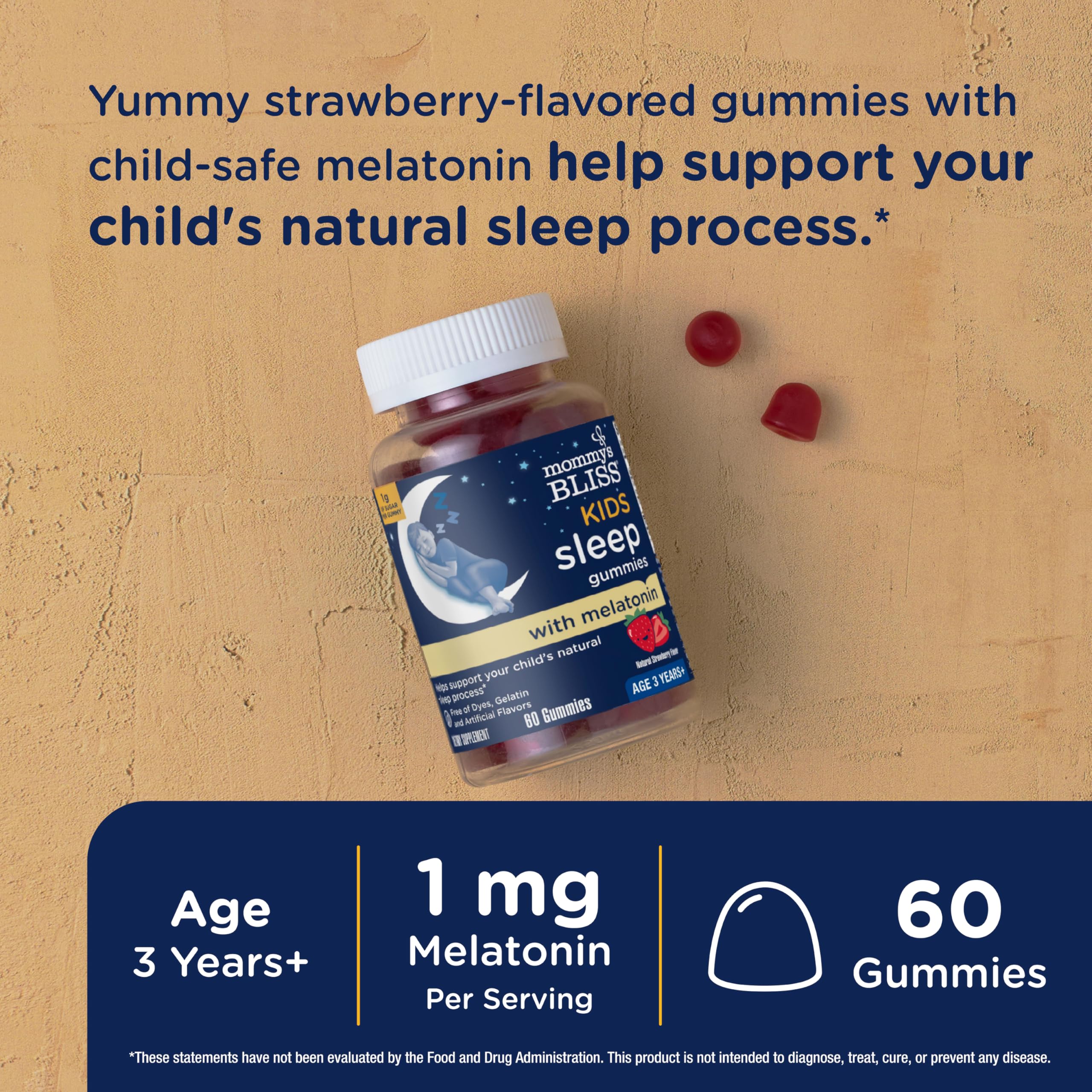 Mommy's Bliss Kids Sleep Gummies with Melatonin, Support Your Natural Sleep Process, Age 3 Years to Adults, Strawberry Flavor, 1G of Sugar, 60 Gummies (Pack of 3)