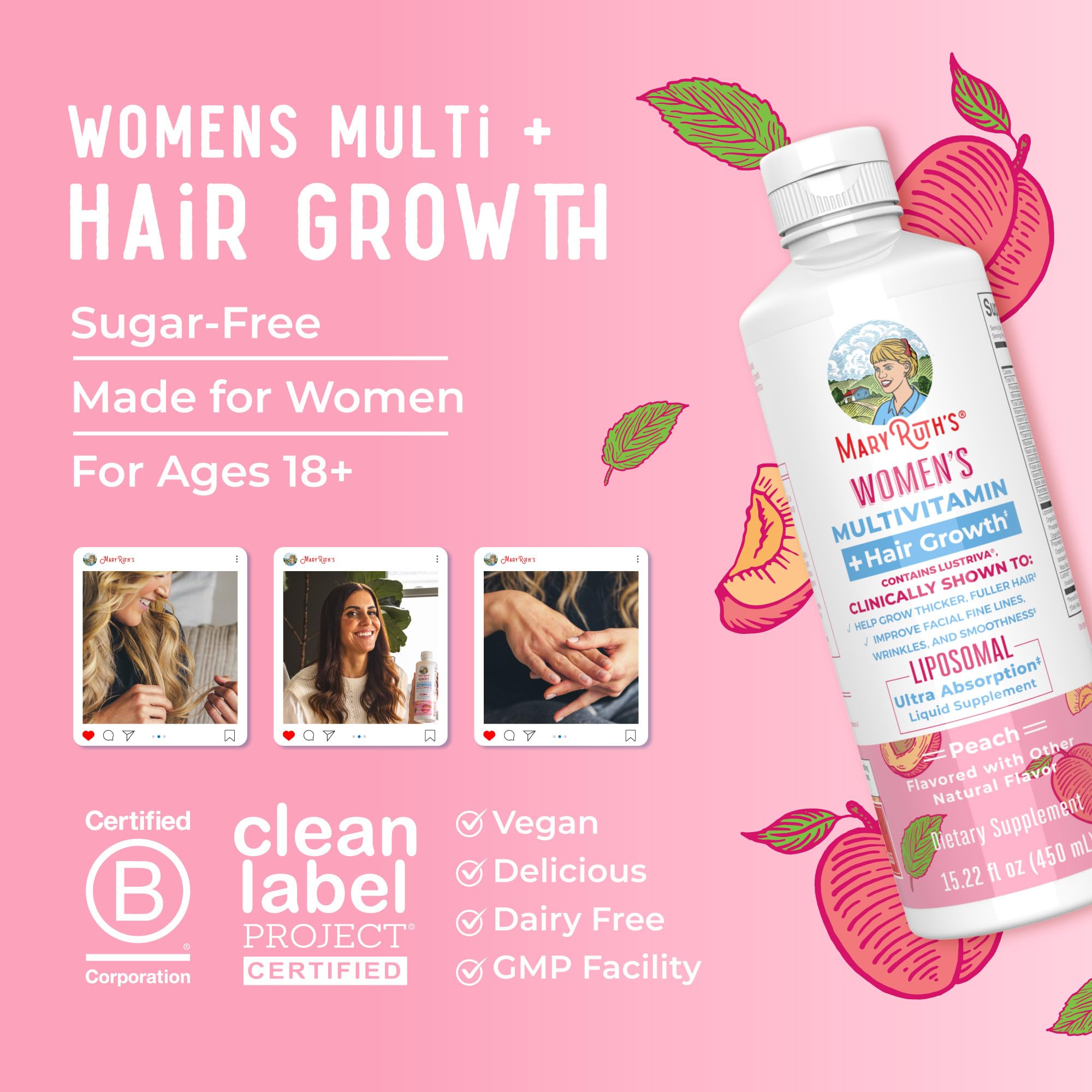 MaryRuth Organics Women's Multivitamin + Lustriva Hair Growth Liposomal | Biotin 10000mcg | Clinically Tested for Thicker, Fuller Hair, Improved Facial Fine Lines & Wrinkles | Ages 18+ | 15.22 Fl Oz