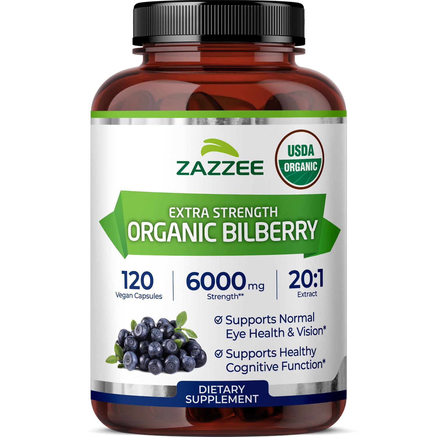 Zazzee USDA Organic Bilberry 20:1 Extract, 6000 mg Strength, 120 Vegan Capsules, 4 Month Supply, Standardized and Concentrated 20X Extract, 100% Vegetarian, All-Natural, Non-GMO, Made in The USA
