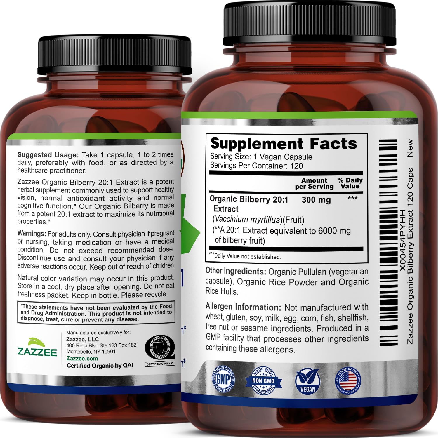 Zazzee USDA Organic Bilberry 20:1 Extract, 6000 mg Strength, 120 Vegan Capsules, 4 Month Supply, Standardized and Concentrated 20X Extract, 100% Vegetarian, All-Natural, Non-GMO, Made in The USA