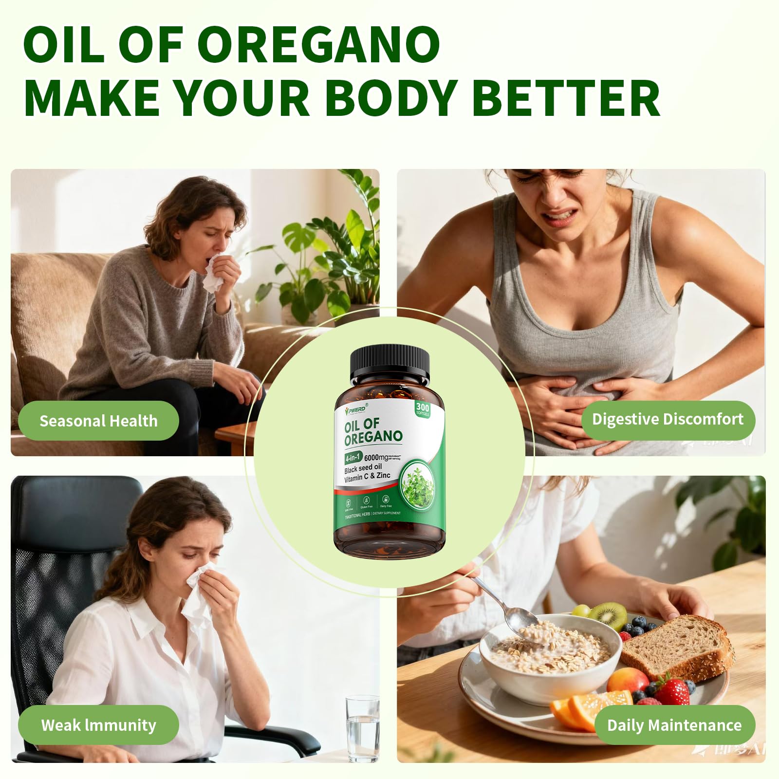 PWERD 300 Softgels Wild Oregano Oil Capsules Organic Pills of Oregano Softgels Capsules Organic with Black Seed Oil