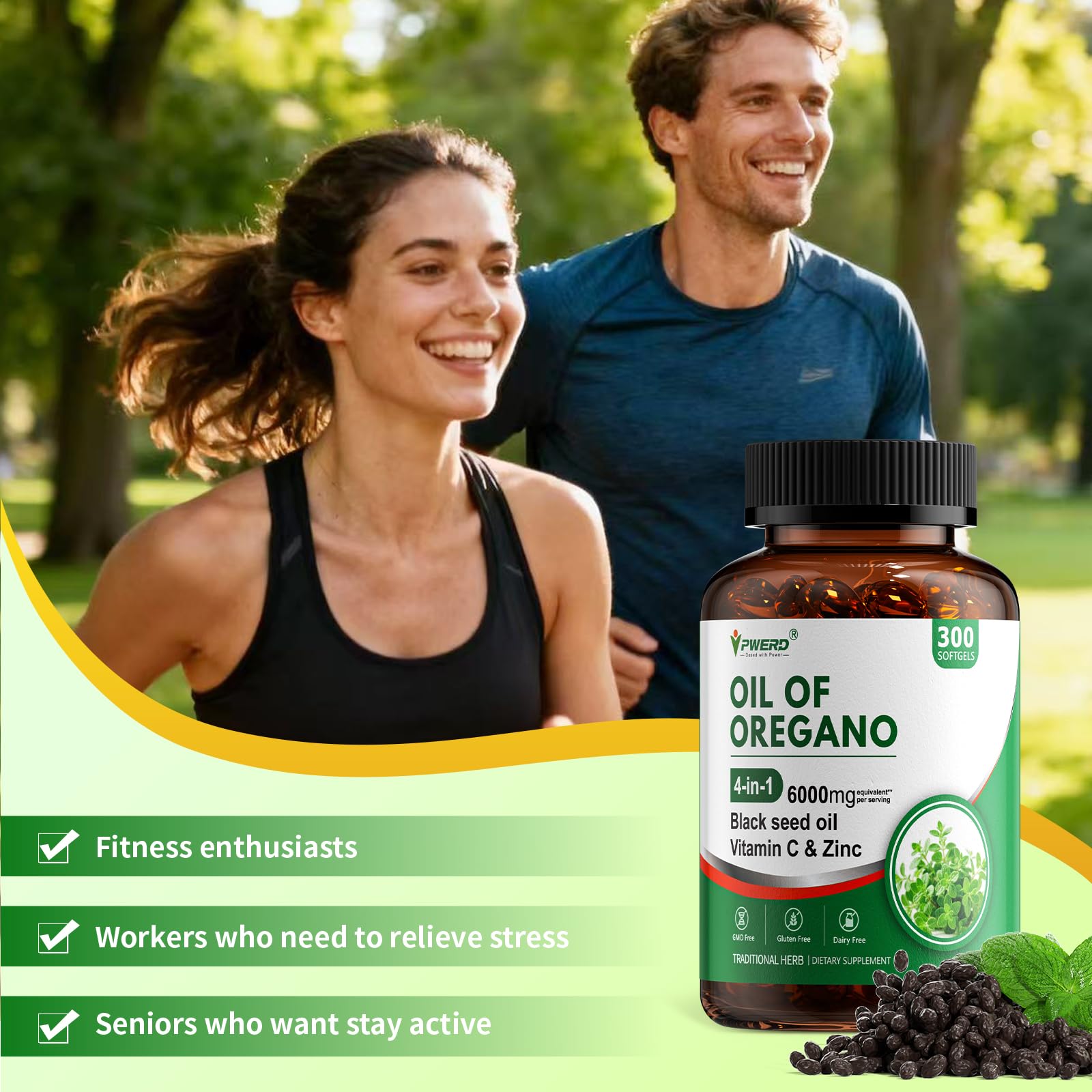 PWERD 300 Softgels Wild Oregano Oil Capsules Organic Pills of Oregano Softgels Capsules Organic with Black Seed Oil