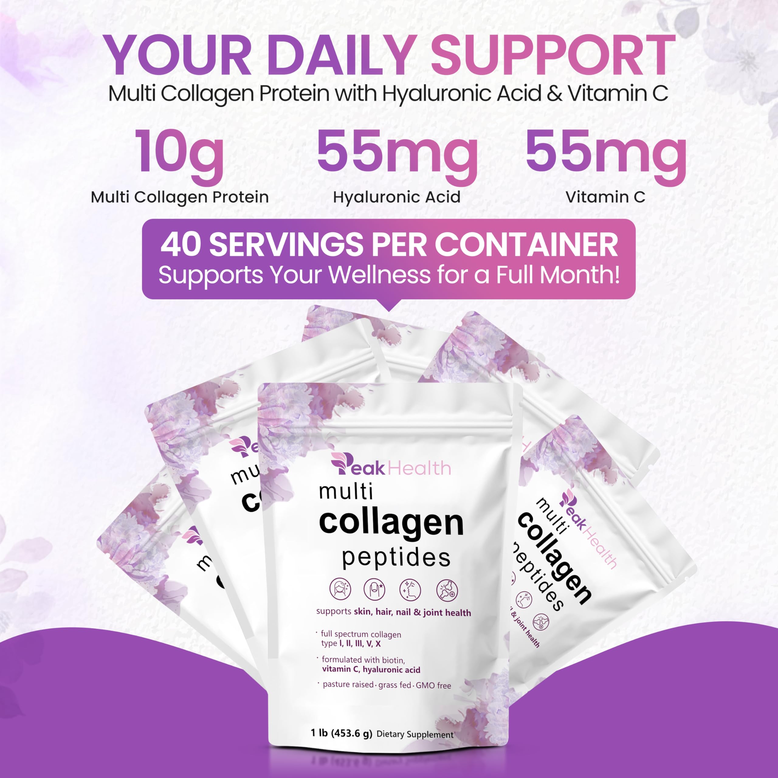 Multi Collagen Peptides Powder, 1 Pounds collagen powder- Type I,II,III,V,X with Biotin 10000mcg, Hyaluronic acid powder, Vitamin C - Unflavored Collagen Protein Powder - Keto & Paleo, Easy Dissolve