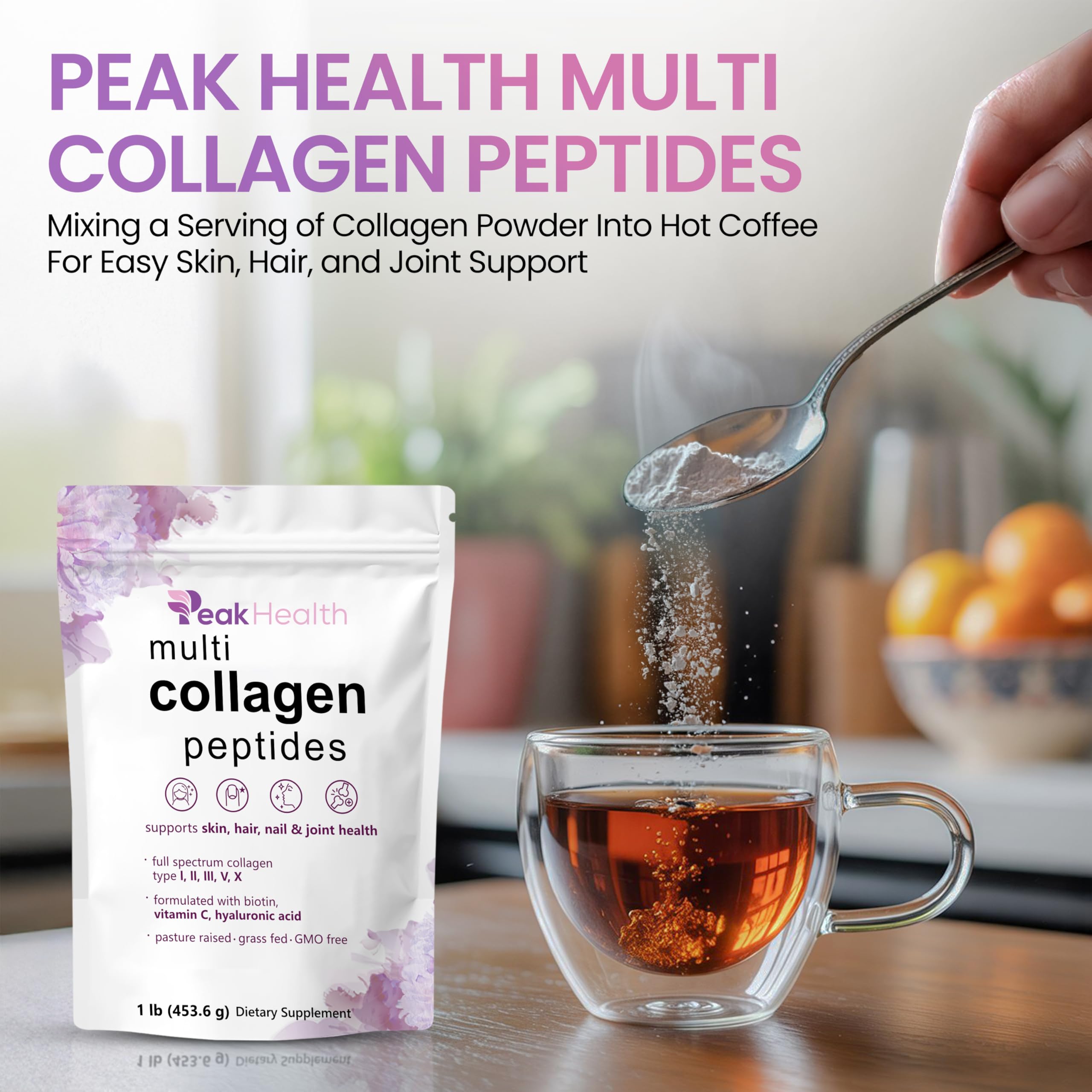 Multi Collagen Peptides Powder, 1 Pounds collagen powder- Type I,II,III,V,X with Biotin 10000mcg, Hyaluronic acid powder, Vitamin C - Unflavored Collagen Protein Powder - Keto & Paleo, Easy Dissolve