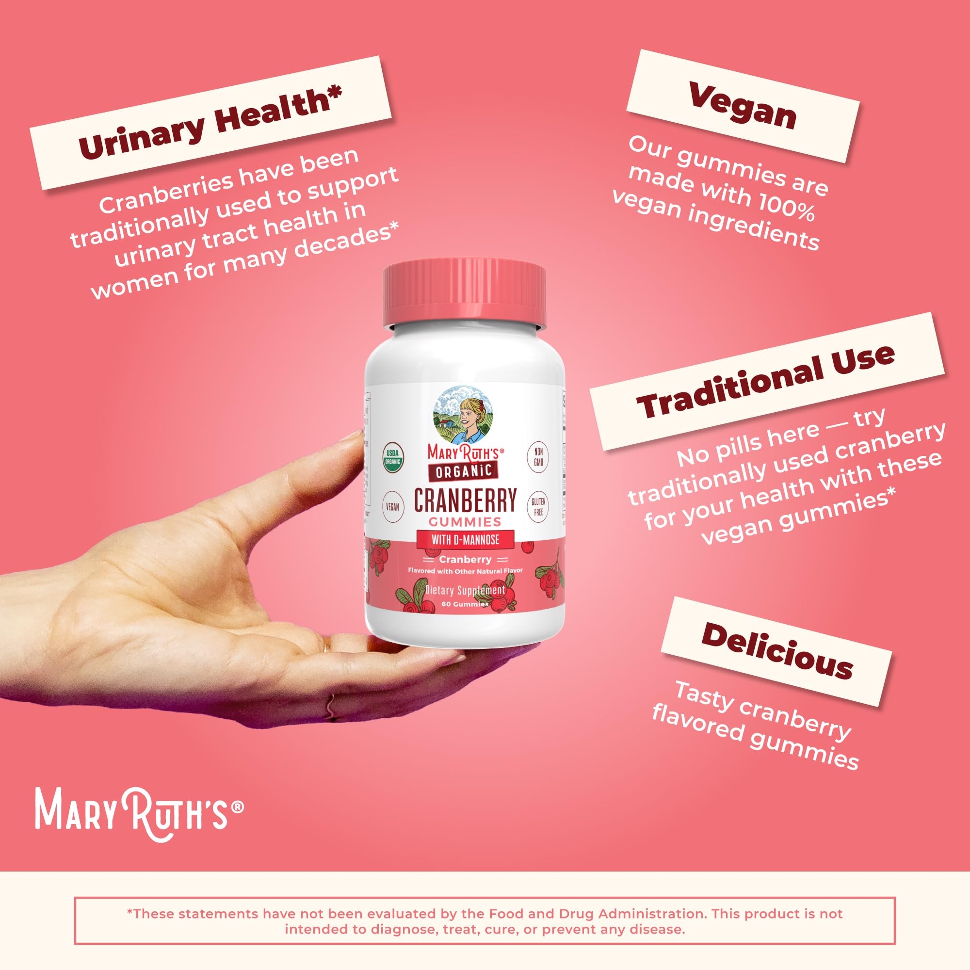 MaryRuth Organics Organic Cranberry Gummies - 500mg Supplement | Urinary Tract Health for Women | with D Mannose | Traditional Use | USDA Organic | Vegan | Non GMO | 30 Servings