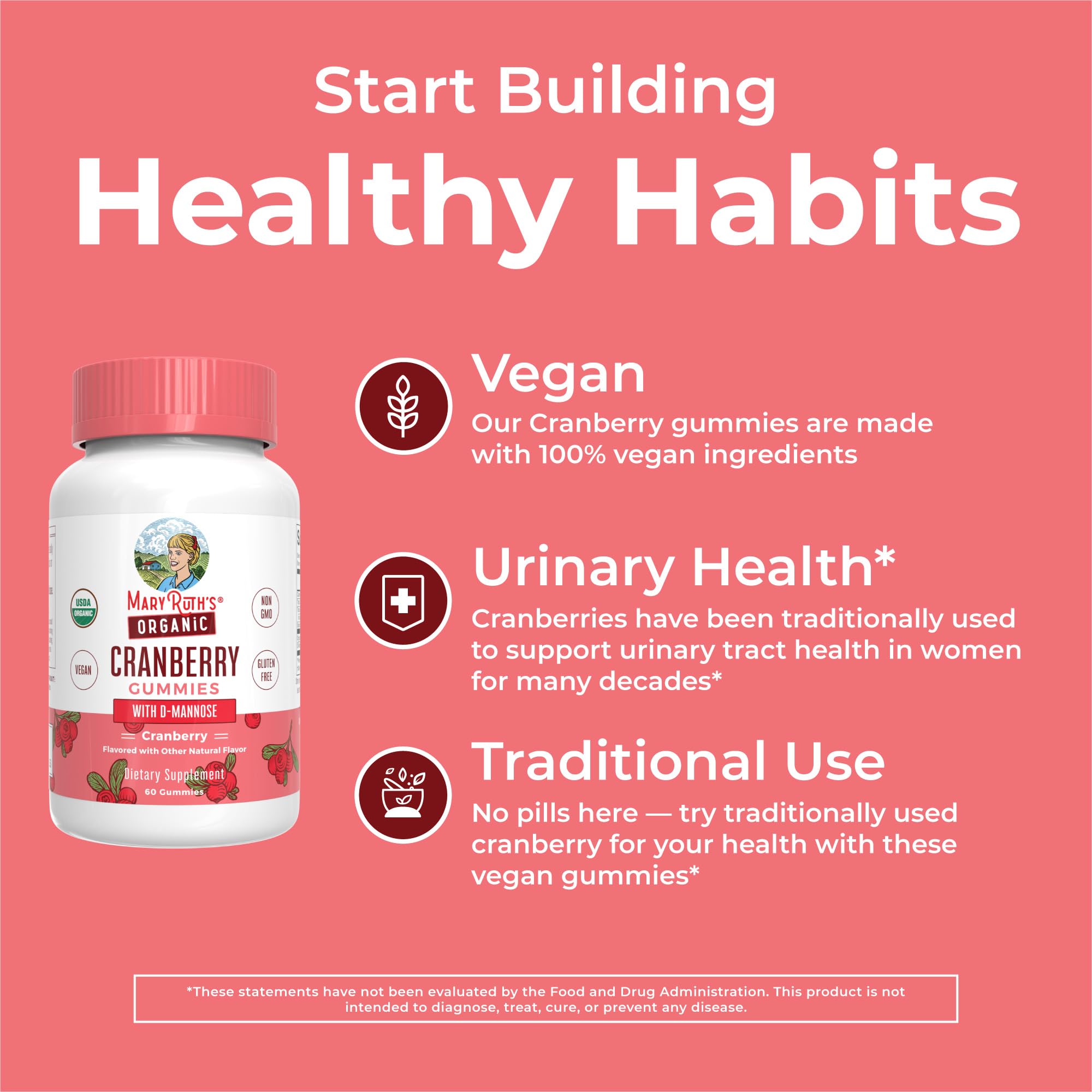 MaryRuth Organics Organic Cranberry Gummies - 500mg Supplement | Urinary Tract Health for Women | with D Mannose | Traditional Use | USDA Organic | Vegan | Non GMO | 30 Servings