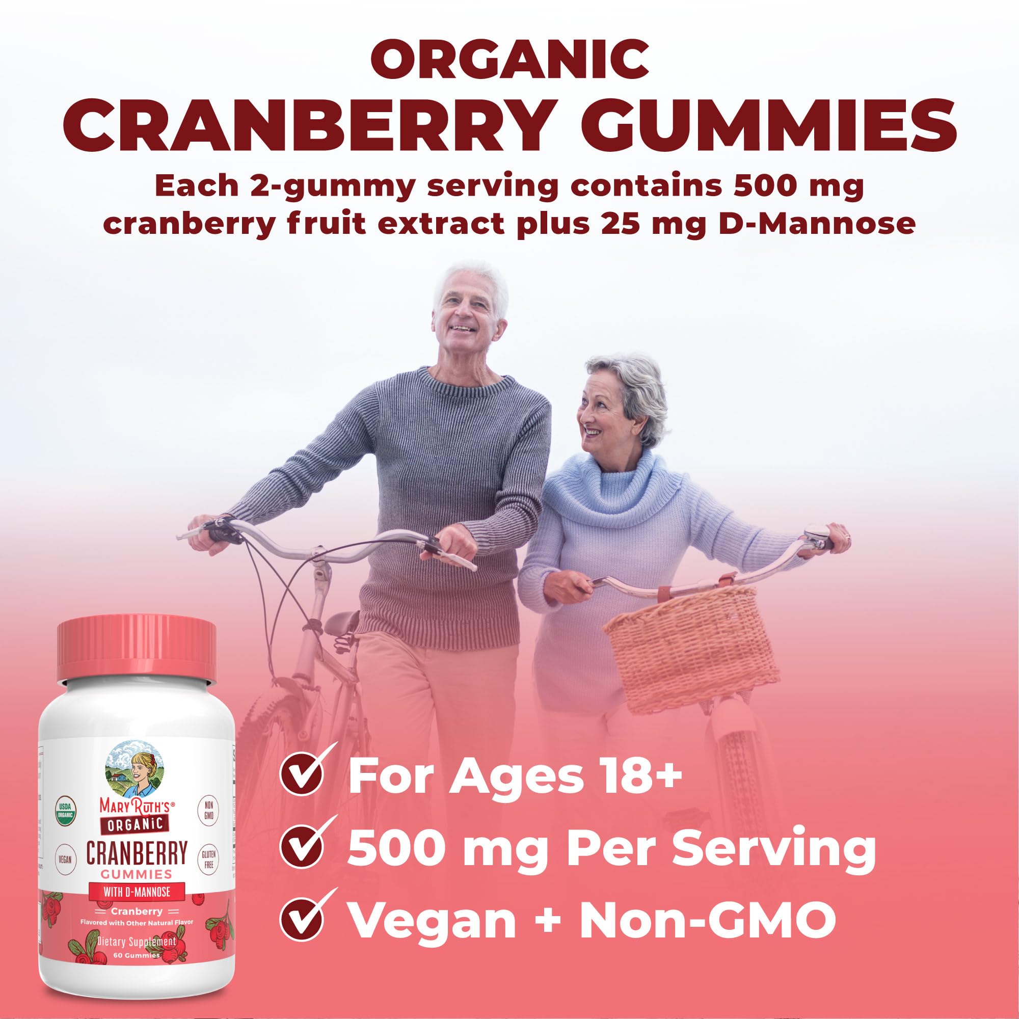 MaryRuth Organics Organic Cranberry Gummies - 500mg Supplement | Urinary Tract Health for Women | with D Mannose | Traditional Use | USDA Organic | Vegan | Non GMO | 30 Servings