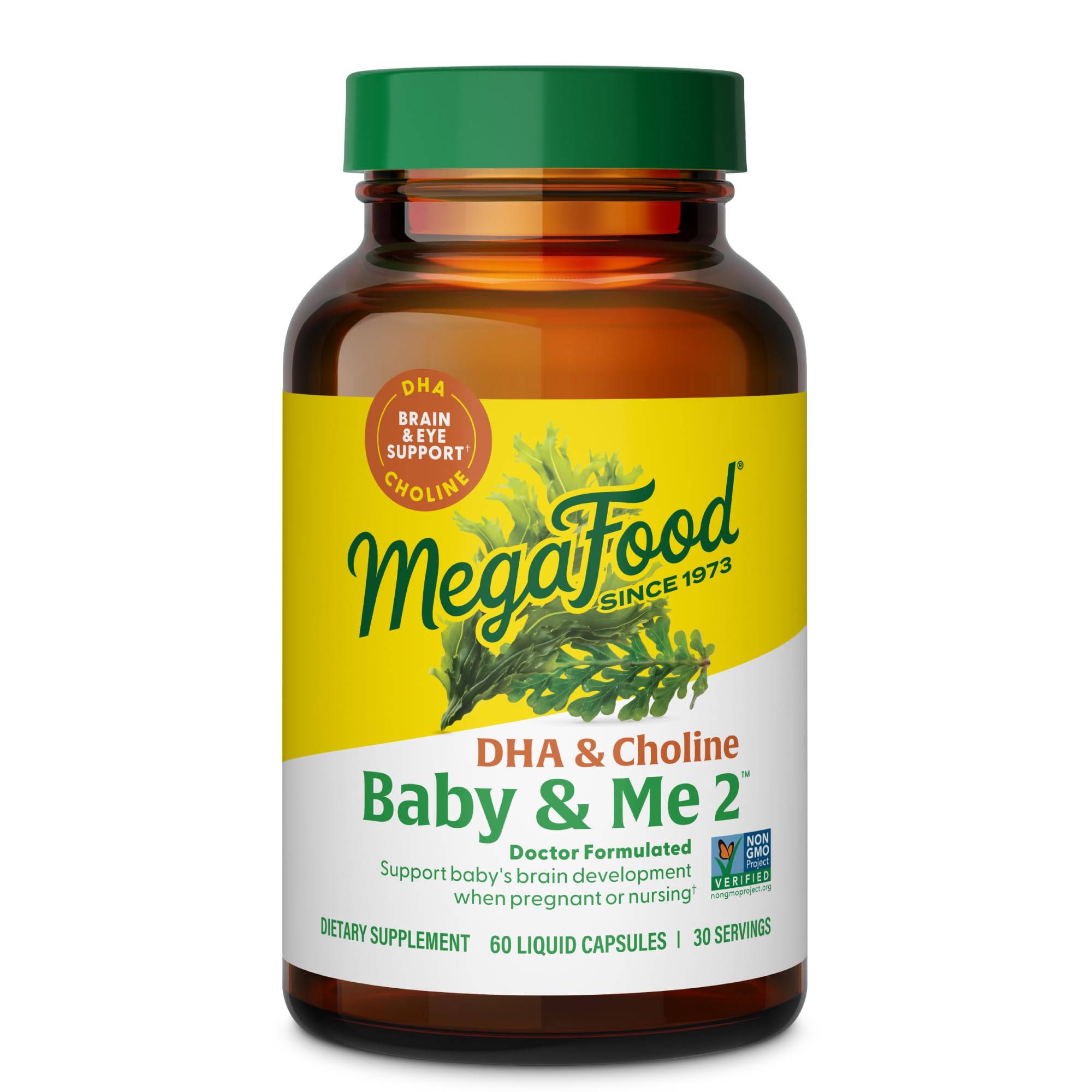 MegaFood Baby & Me 2 Prenatal Vitamins for Women, DHA & Choline Supplements, Liquid DHA and Choline for Baby's Brain and Eye Development During Pregnancy, Vegan, 60 Capsules (30 Servings)