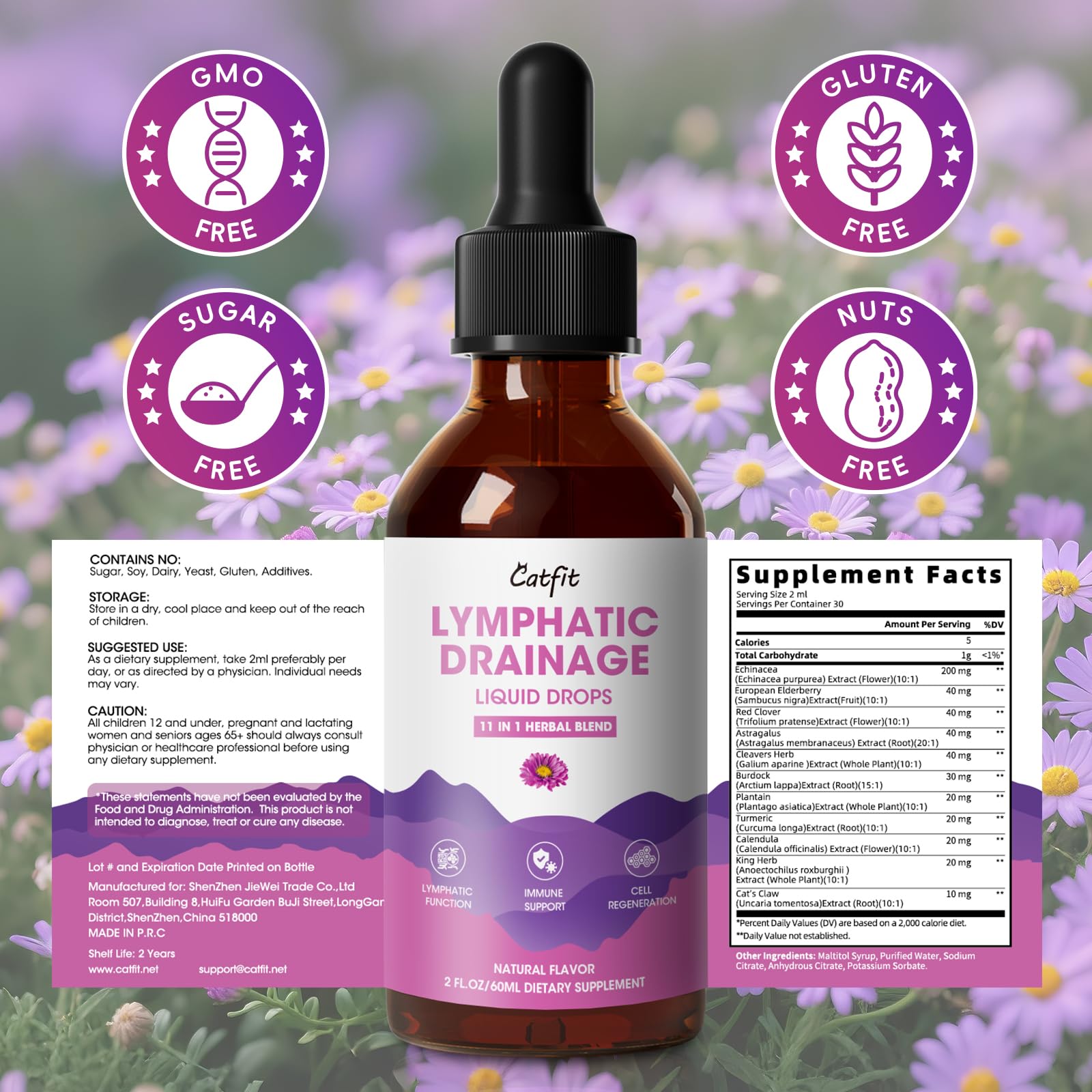 Lymphatic Drainage Drops Supplements for Immune, Lymph System Support, Cleanse & Detox, Liver Health with Echinacea,Elderberry,Cleavers Herb,Burdock, Calendula, Vegan, Non-GMO,Natural Flavor, 2 Fl Oz