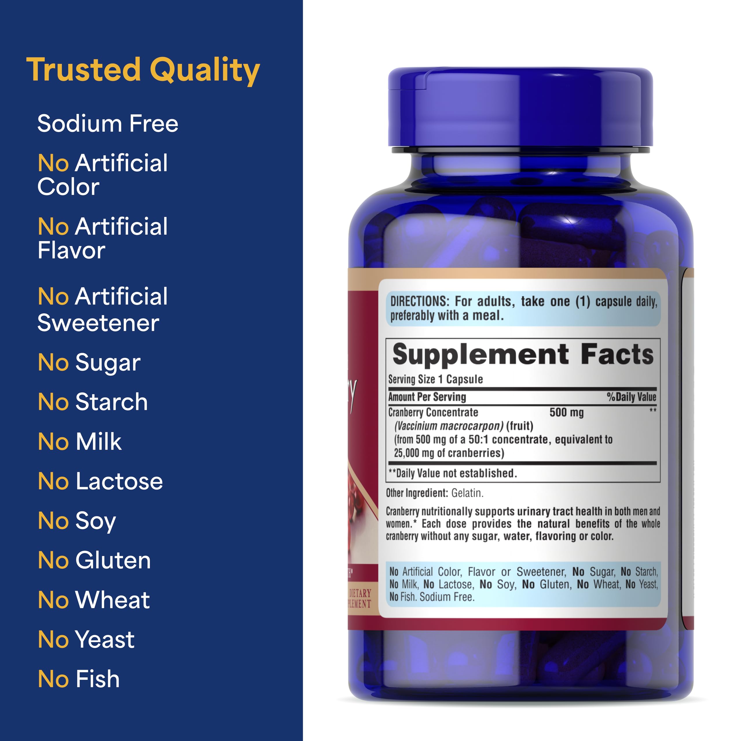 Puritan's Pride Naturally Sourced Cranberry One Per Day Fruit Concentrate 500mg, 50:1 Dietary Supplement for Urinary Tract Support, 4 Month Supply, 120 Rapid Release Capsules