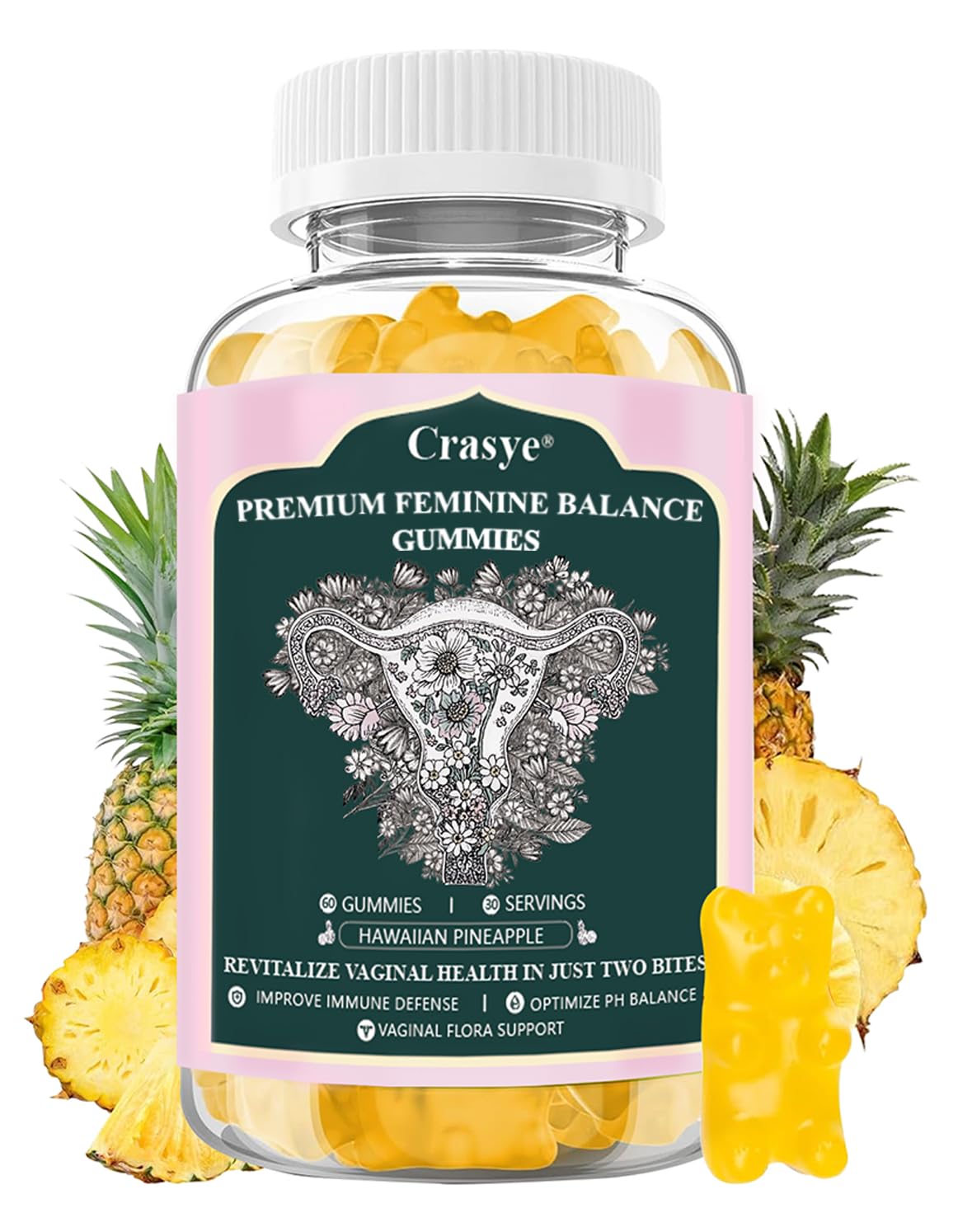 Crasye Premium Feminine Balance Gummies PH Balance Vaginal Health Gummies Probiotics Hawaiian Pineapple Female Gummy for Women Private Area - 60 Gummies - 30 Servings