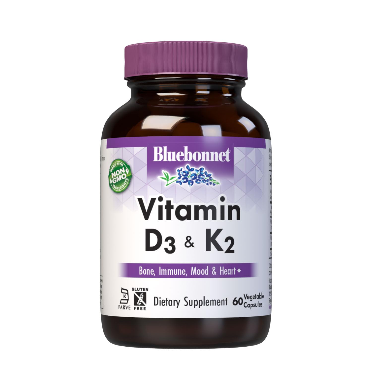 Bluebonnet Nutrition Vitamin D3 & K2, Soy-Free, for Strong-Healthy Bones*, Gluten-Free, Non-GMO, Dairy-Free, Kosher Certified, Vegetarian, 60 Vegetable Capsules, 60 Servings
