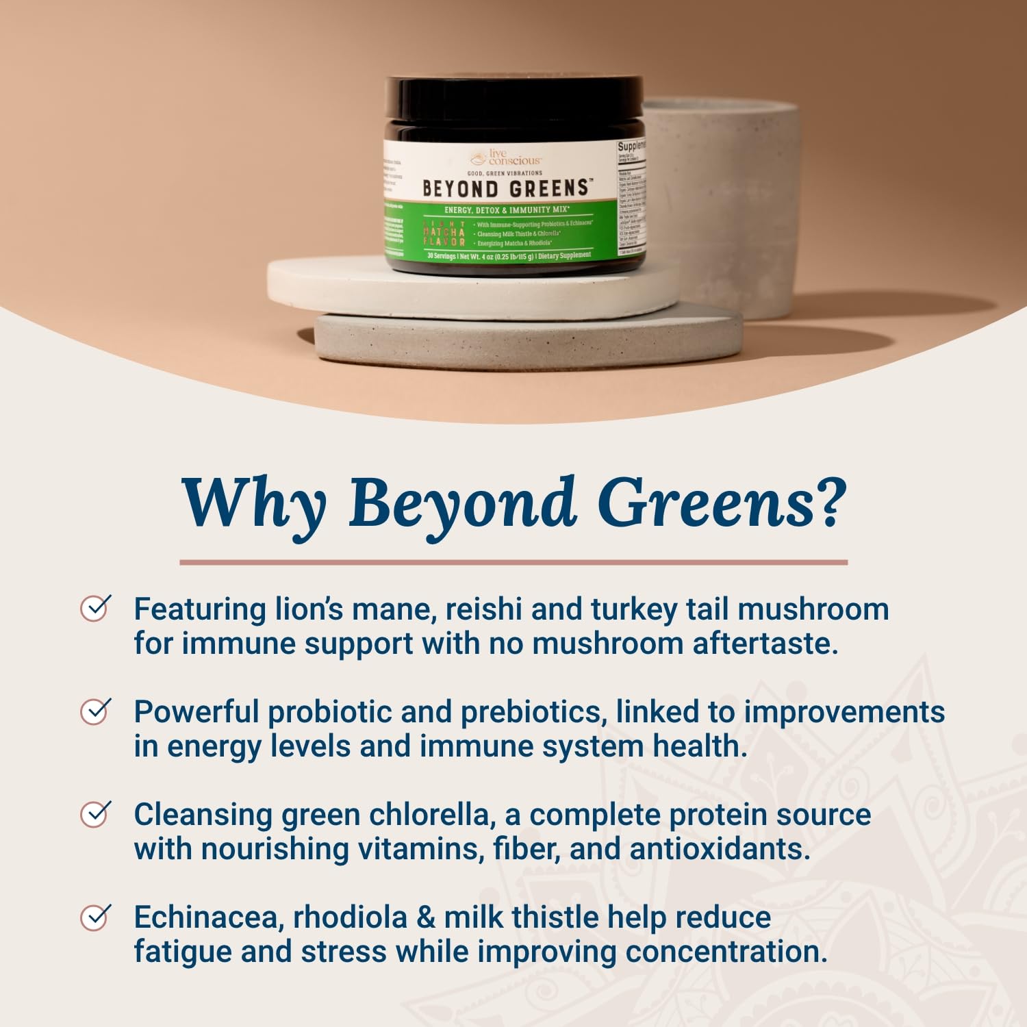 Live Conscious Beyond Greens Superfood Powder - Delicious Debloating Super Greens Powder - Matcha Greens Blend w/Chlorella, Echinacea, Probiotics for Immune Support & Energy