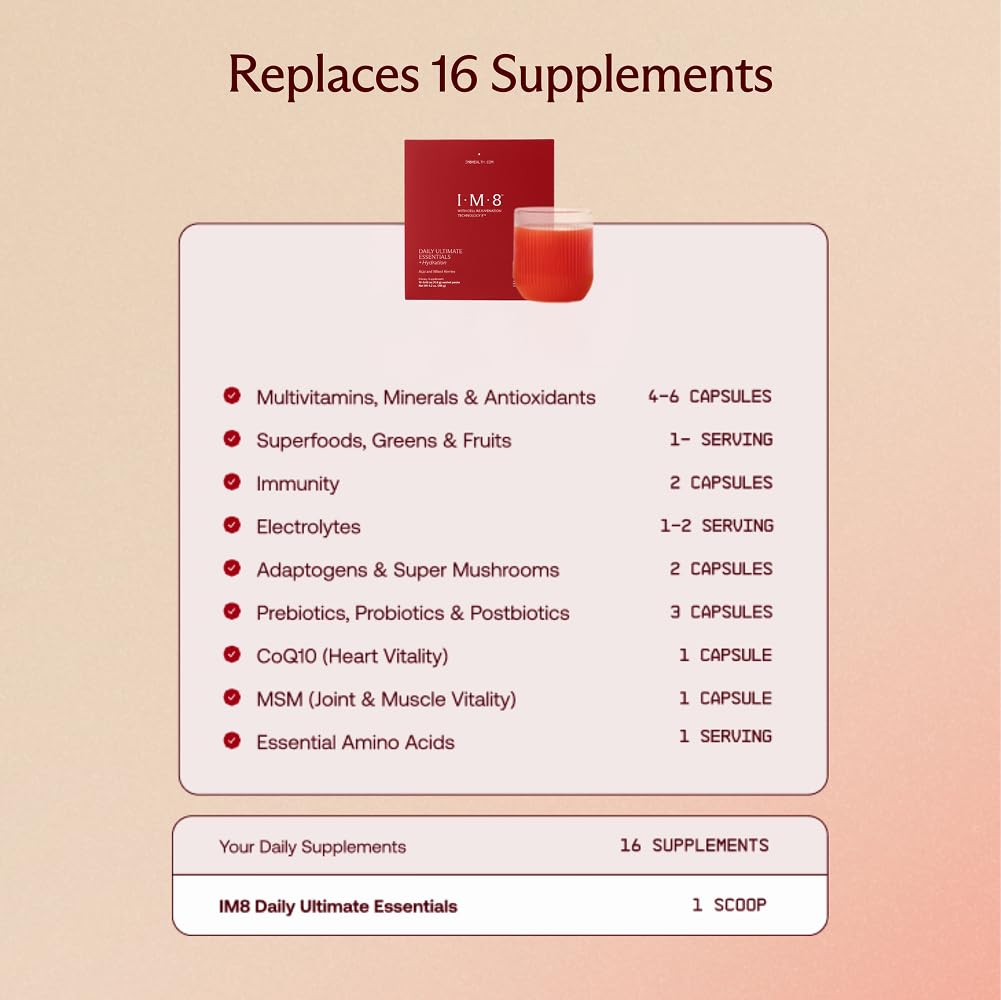 IM8 Daily Ultimate Essentials All-in-One Multivitamin Supplement, 92 Nutrient Rich Ingredients CoQ10, Probiotics, Vitamins, Greens, Gluten Free, Vegan, Acai Mixed Berry (30 Servings, Travel Packs)