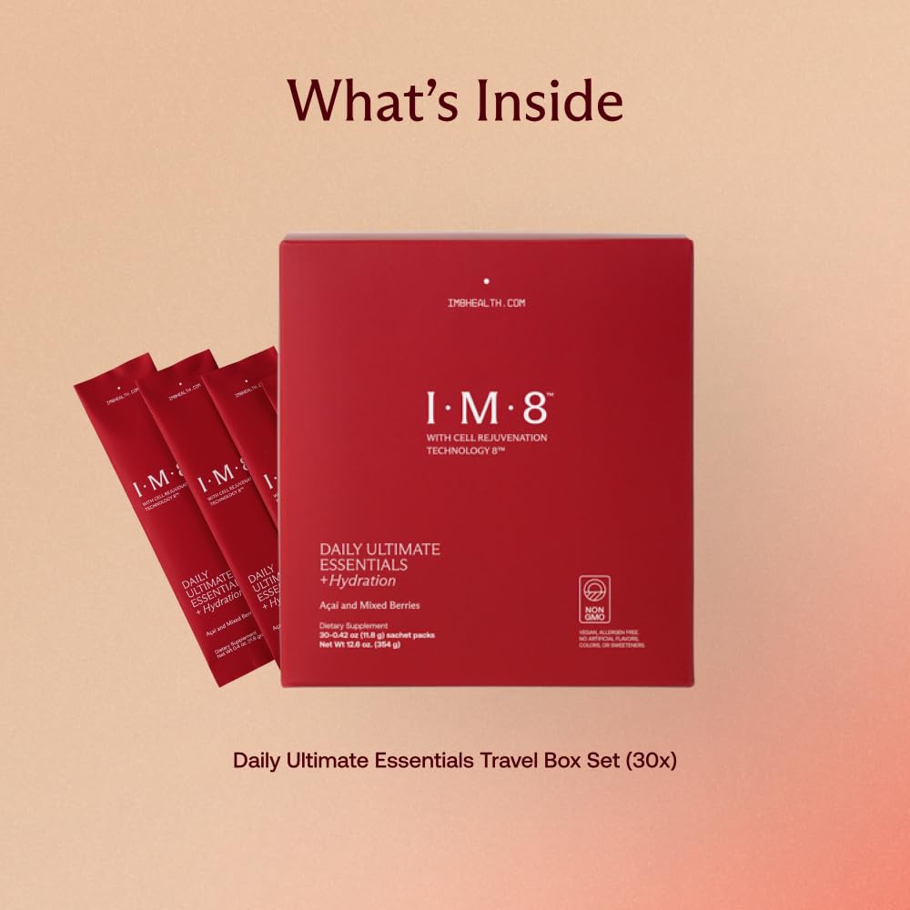 IM8 Daily Ultimate Essentials All-in-One Multivitamin Supplement, 92 Nutrient Rich Ingredients CoQ10, Probiotics, Vitamins, Greens, Gluten Free, Vegan, Acai Mixed Berry (30 Servings, Travel Packs)