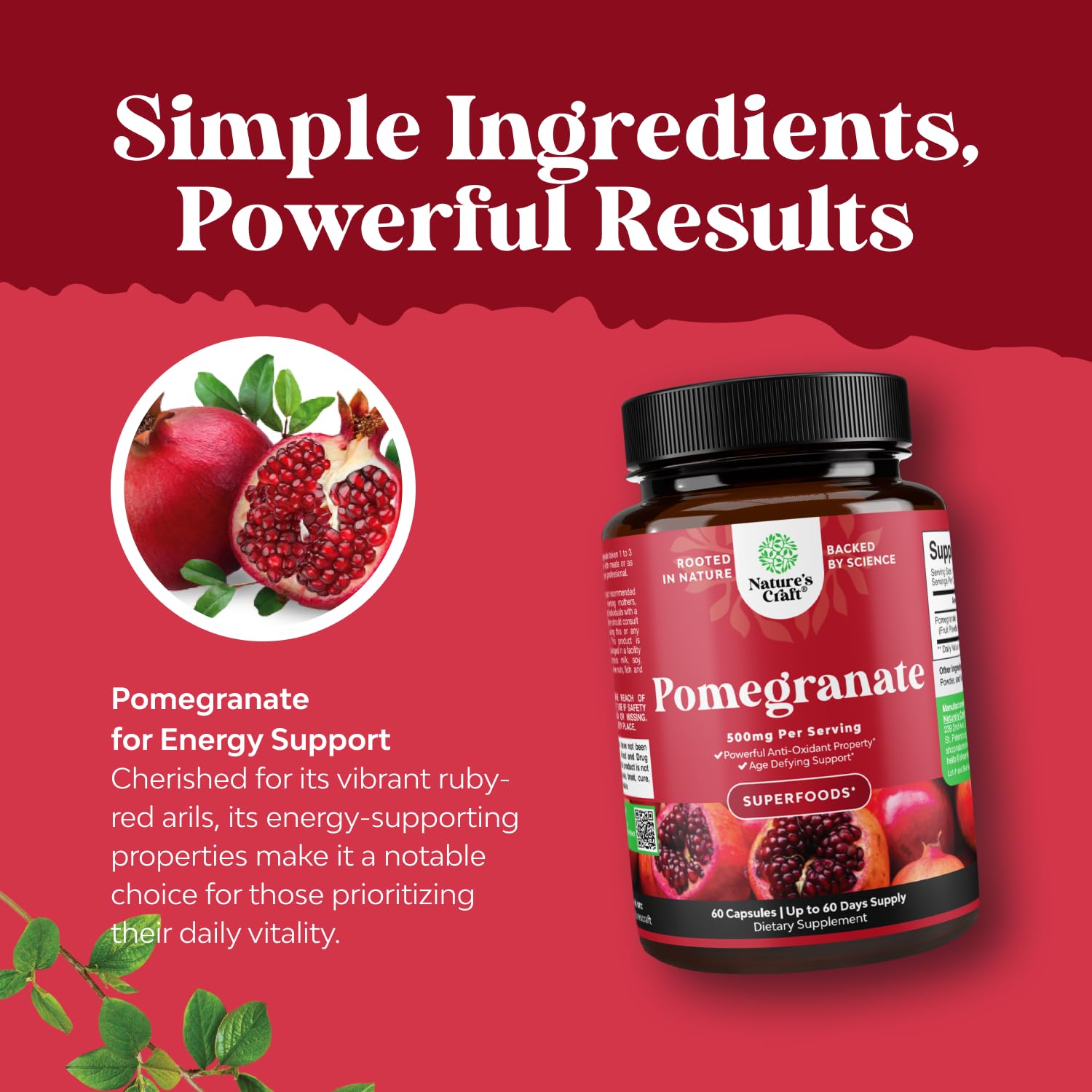 Pomegranate Extract Capsules Antioxidant Supplement - Natural Pomegranate Capsules for Heart Health Joint Support and Pre Workout for Men and Women - Nitric Oxide Supplement with Brain Health Vitamins